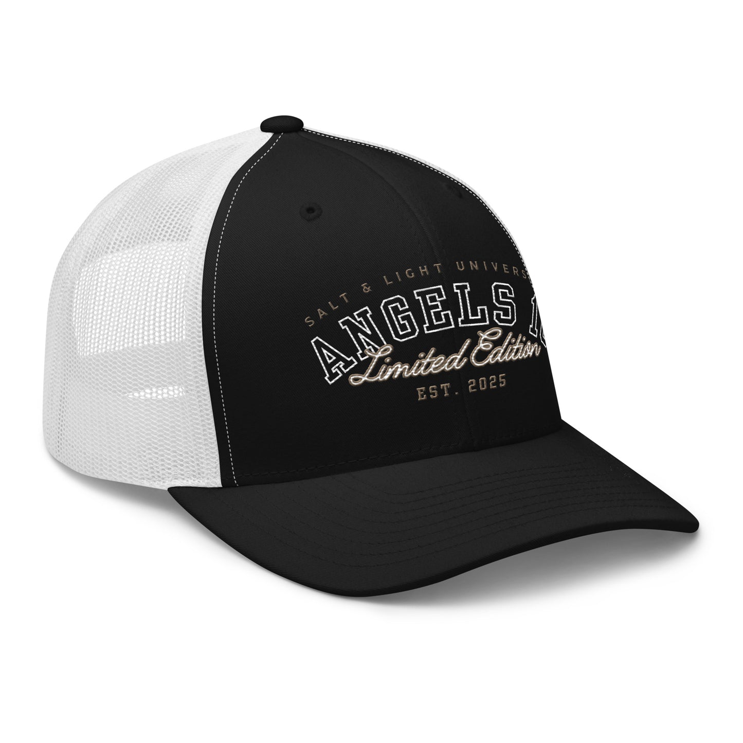Salt & Light Unisex Trucker Cap showcasing a stylish design, perfect for students and discipleship events, representing Christian faith and the essence of being salt & light of the world in college life.