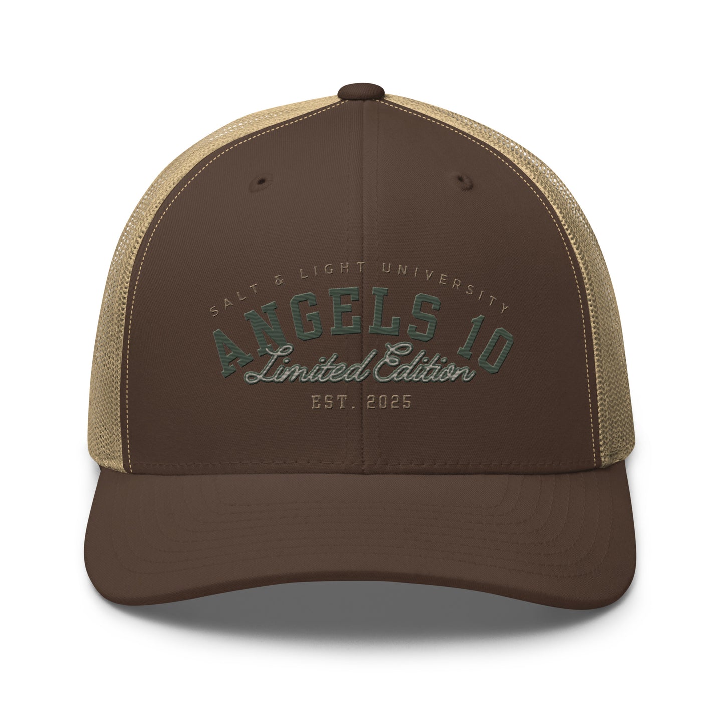 Front view of the trendy brown Salt & Light Unisex Trucker Cap, featuring 'ANGELS 10 Limited Edition', perfect for college students eager to share their Christian faith and commitment to discipleship, serving as a reminder to be the salt and light of the world.