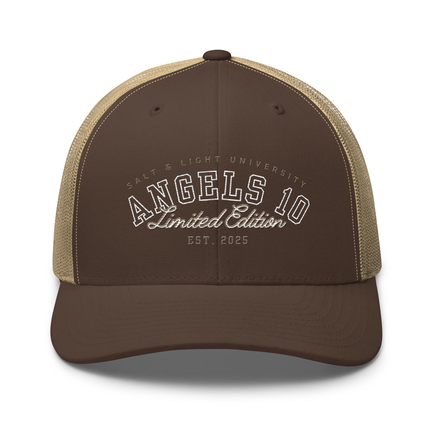 Salt & Light Unisex Trucker Cap in brown showcasing a 'Limited Edition' logo from ANgels 10, perfect for college students practicing their Christian faith and taking part in discipleship while being the salt & light of the world.