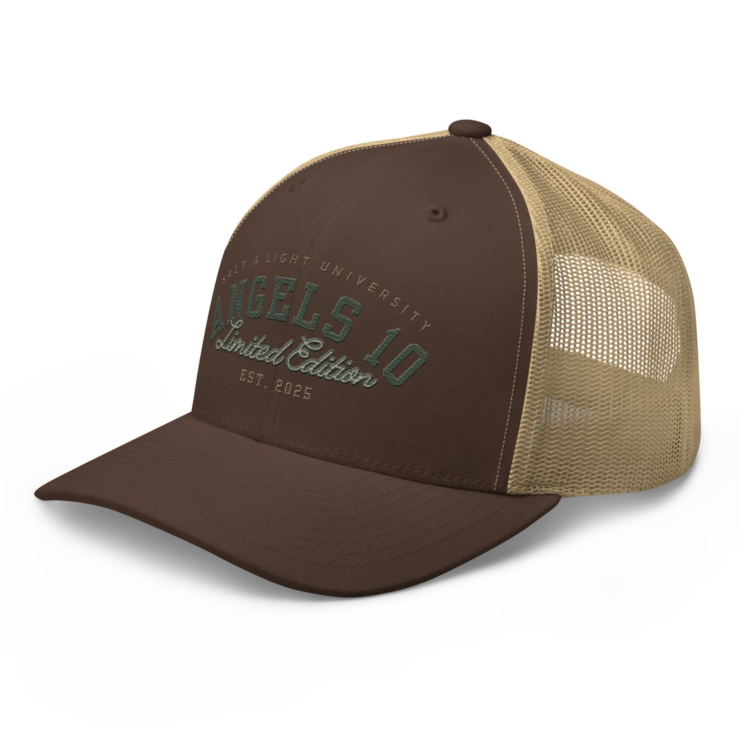 Stylish side view of the brown Salt & Light Unisex Trucker Cap with 'ANGELS 10 Limited Edition', perfect for college gatherings, emphasizing your Christian faith and passion for discipleship while shining as the salt and light of the world.