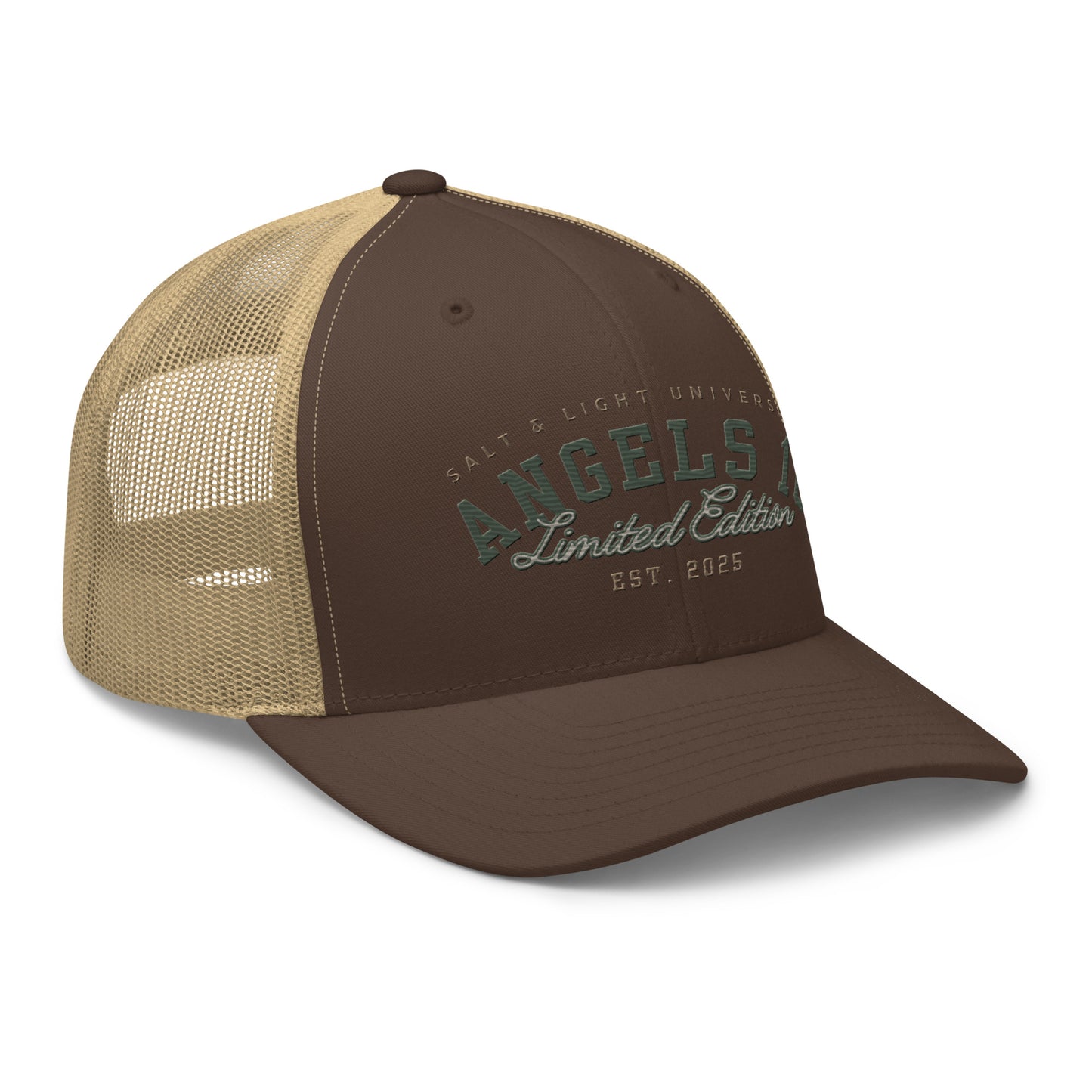 Two-tone Salt & Light Unisex Trucker Cap designed for style and comfort, showcasing the 'ANGELS 10 Limited Edition' text, perfect for expressing your Christian faith and discipleship while enjoying college life as the salt and light of the world.