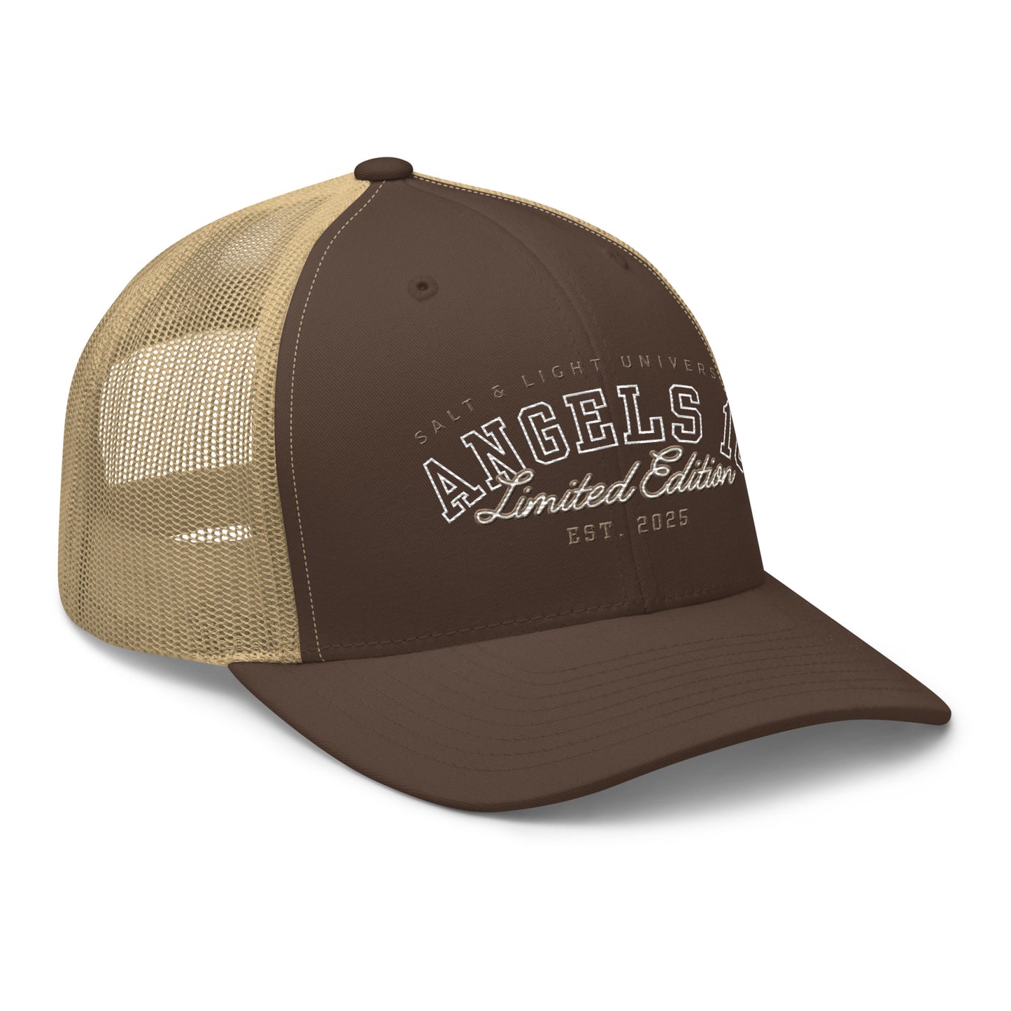 Salt & Light Unisex Trucker Cap in brown, featuring 'Angels 10 Limited Edition' embroidery. This premium quality Christian faith hat is perfect for expressing your beliefs while enjoying college life and discipleship, embodying the salt & light of the world.