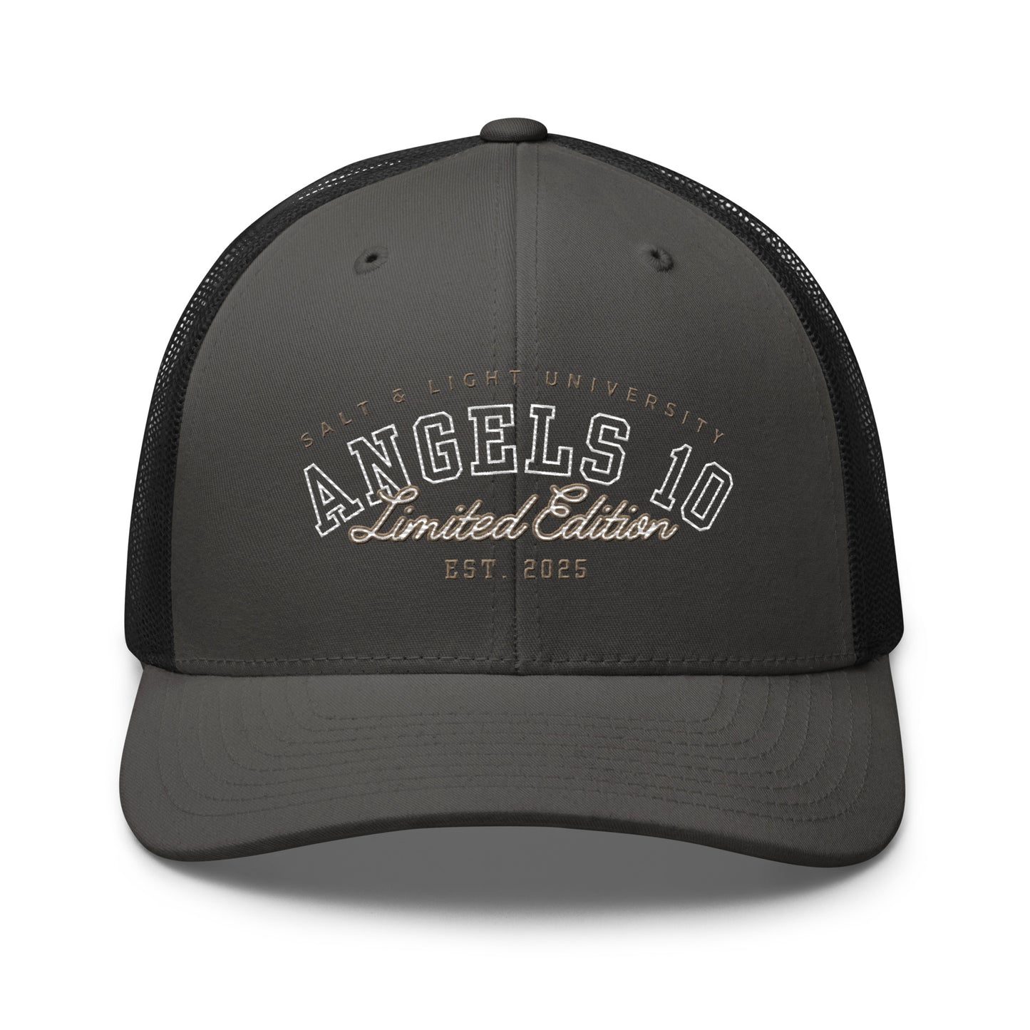 Stylish black version of the Salt & Light Unisex Trucker Cap, meant for those who proudly showcase their Christian faith while engaging in college life and discipleship, reflecting the salt & light of the world.