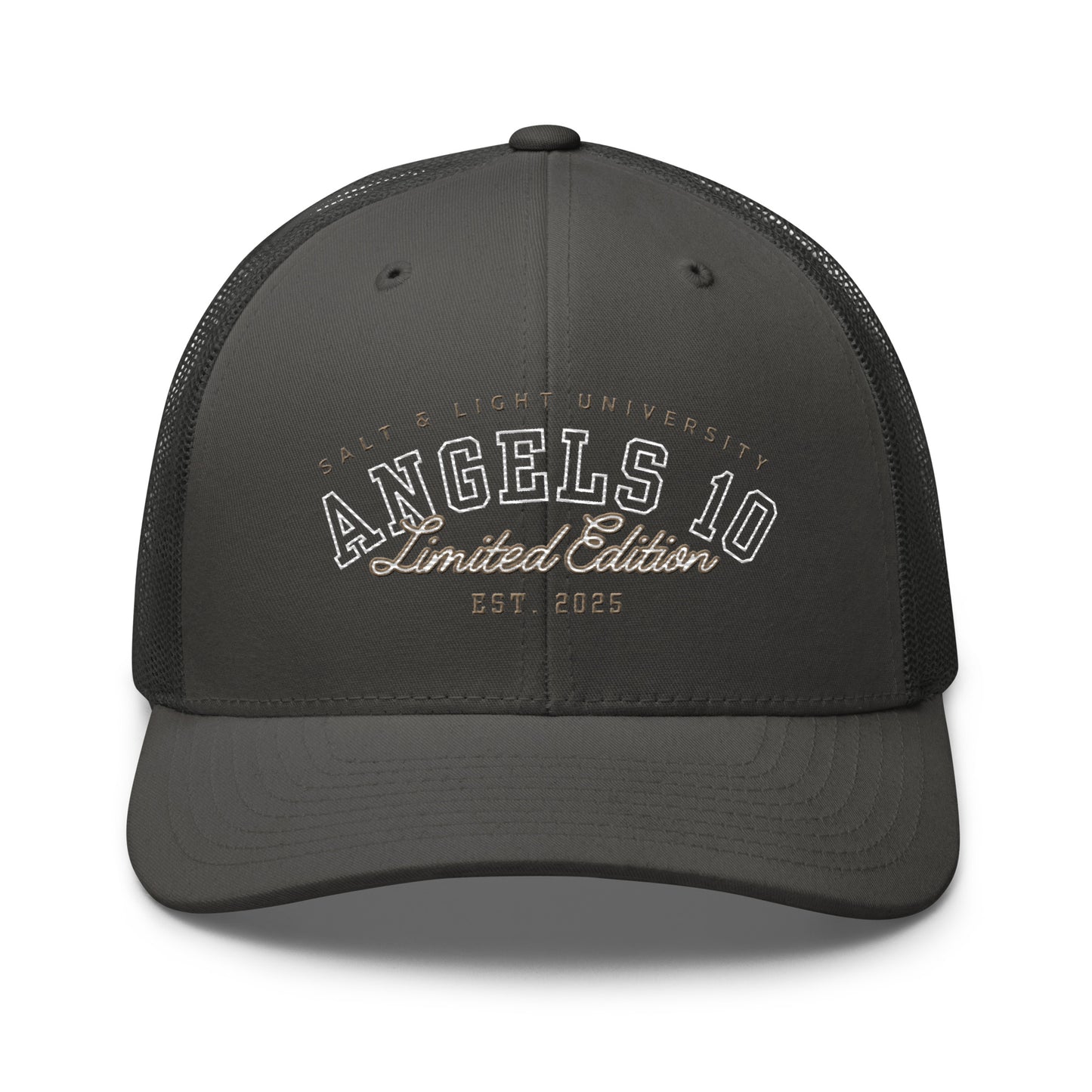 Front view of the Salt & Light Unisex Trucker Cap, emphasizing its Christian faith theme, ideal for discipleship and capturing the essence of being the salt & light of the world in college.