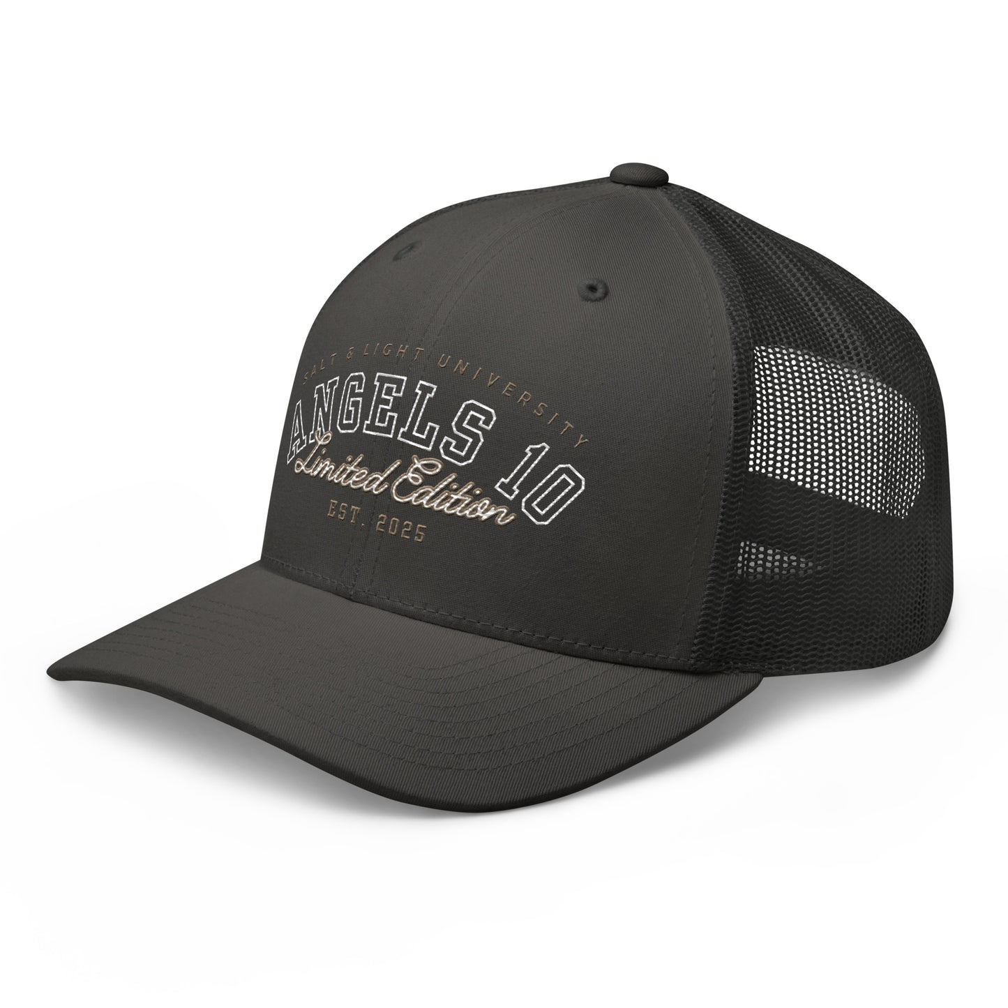 Side angle of the Salt & Light Unisex Trucker Cap, reflecting its comfortable design for college life while promoting Christian faith and the values of discipleship as the salt & light of the world.