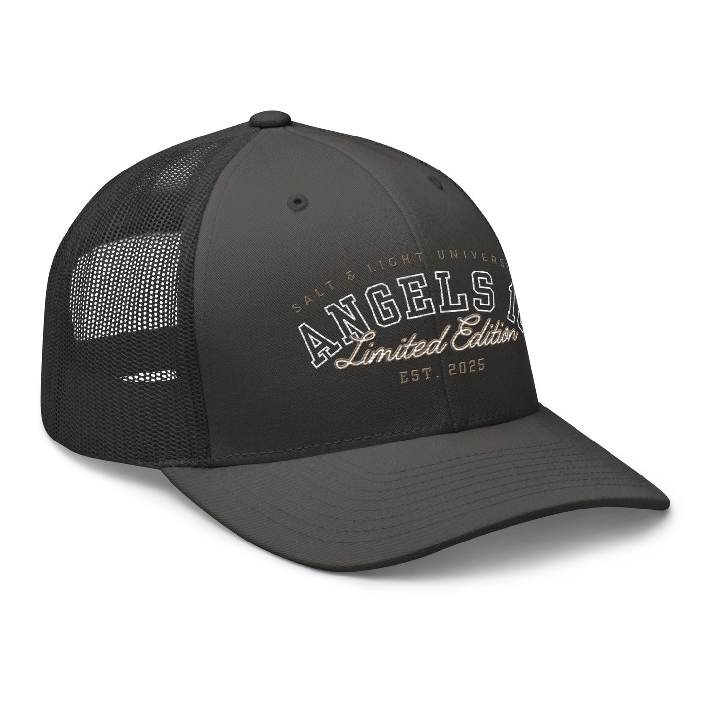 Another angle of the Salt & Light Unisex Trucker Cap, showcasing its premium material and design, perfect for discipleship activities and representing the Christian values of salt & light in college.
