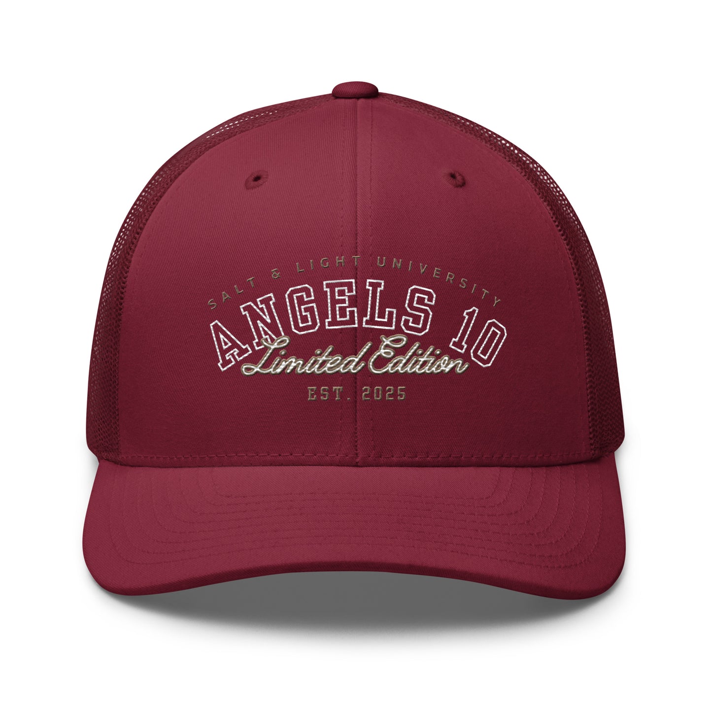 Salt & Light Unisex Trucker Cap in maroon featuring 'ANGELS 10 Limited Edition' design, perfect for showcasing your Christian faith during college life and discipleship activities, reminding you to be the salt & light of the world.
