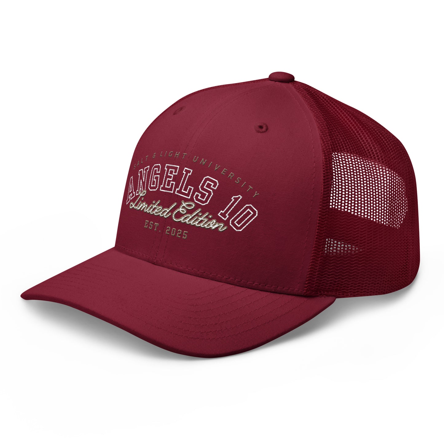 Stylish Salt & Light Unisex Trucker Cap in maroon with a mesh back, designed with 'ANGELS 10 Limited Edition' branding, ideal for college students expressing Christian faith and discipleship, embodying the salt & light of the world.
