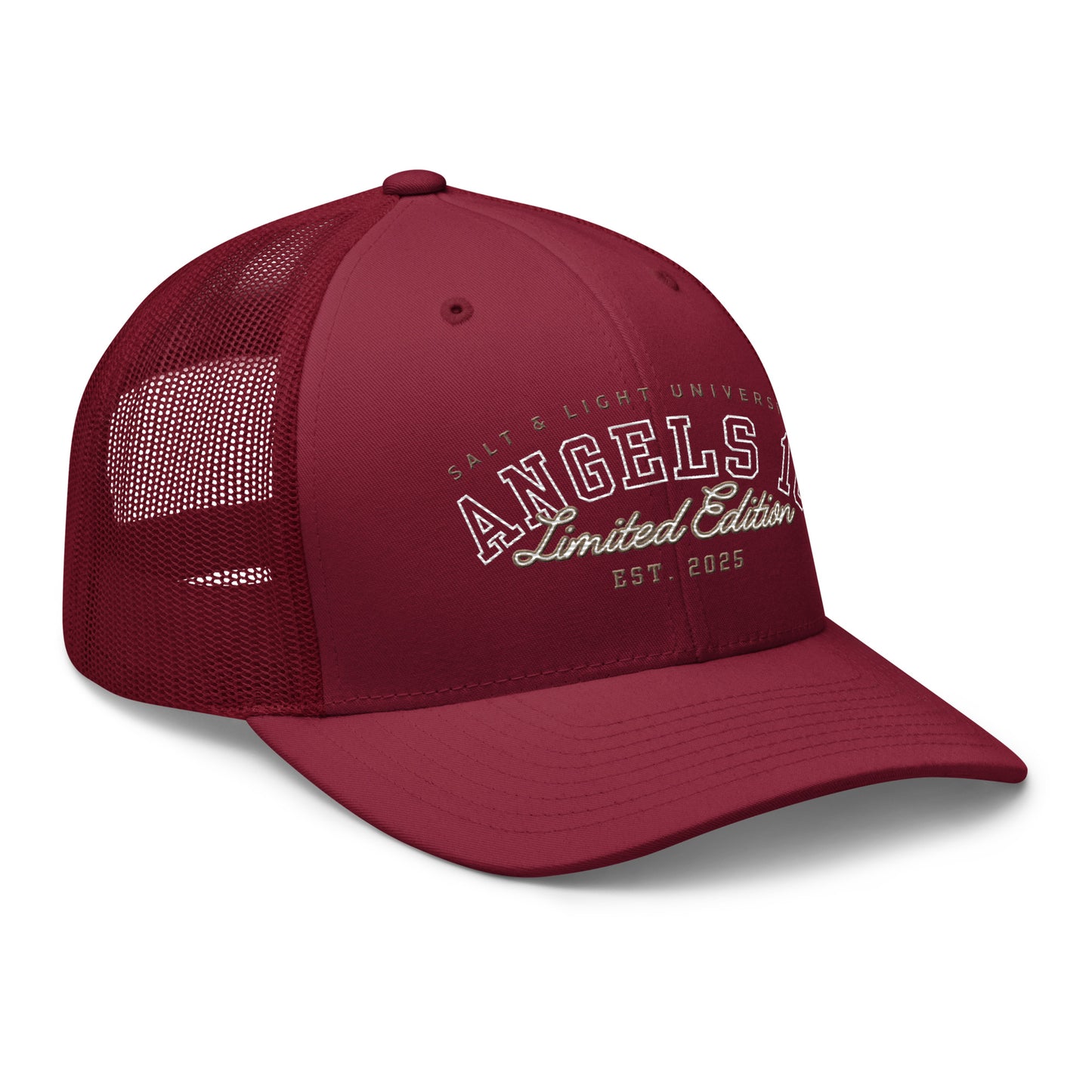 Close-up view of the maroon Salt & Light Unisex Trucker Cap, highlighting 'ANGELS 10 Limited Edition' lettering, a great accessory for expressing your Christian faith and engaging in college or discipleship activities as the salt & light of the world.