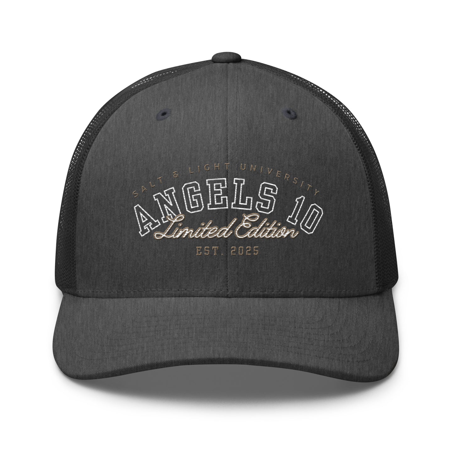 Salt & Light Unisex Trucker Cap in dark gray, showcasing 'Angels 10 Limited Edition' branding. A stylish choice for college students to represent their faith and commitment to discipleship, highlighting the importance of being the salt & light of the world.