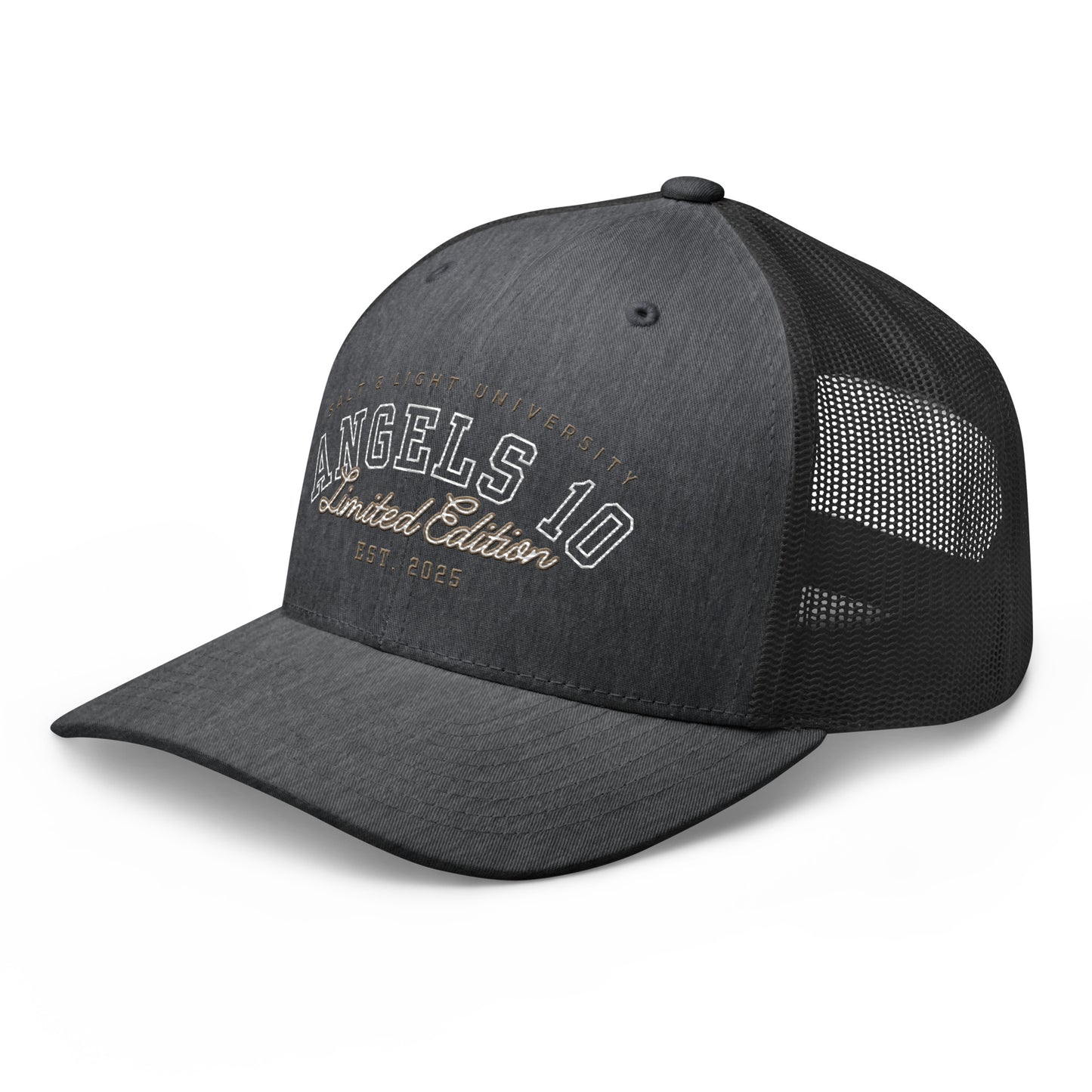 Salt & Light Unisex Trucker Cap in heather gray with a sleek design, featuring 'Angels 10 Limited Edition' text. Ideal for college life and discipleship activities, this cap allows you to reflect your Christian faith and the salt & light of the world.