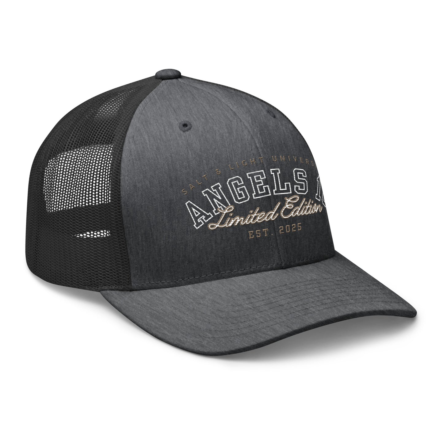 Salt & Light Unisex Trucker Cap in dark heather gray, elegantly displaying 'Angels 10 Limited Edition'. This cap is great for everyday wear, supporting your Christian faith, discipleship journey, and representing the salt & light of the world.