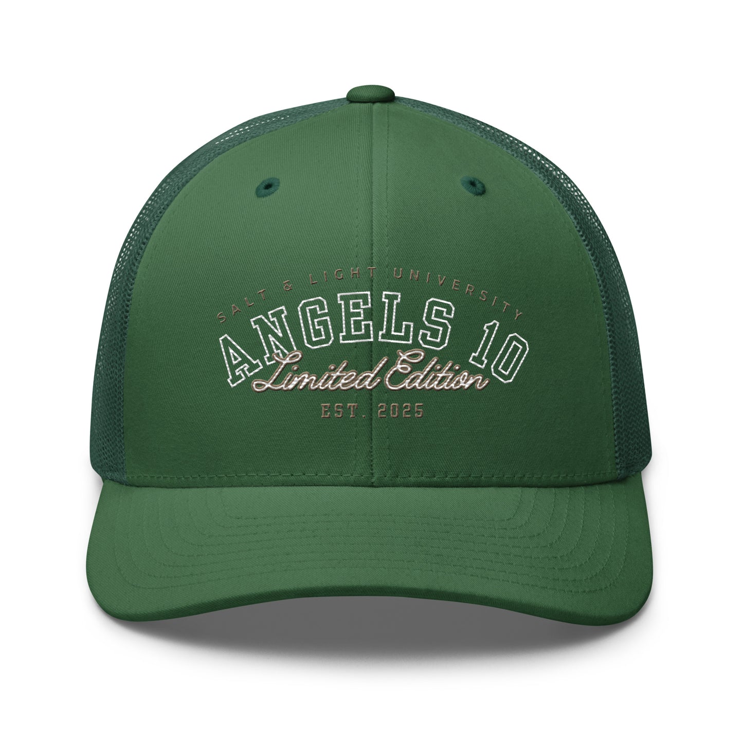 Salt & Light Unisex Trucker Cap in green, featuring the text 'Angels 10 Limited Edition'. Perfect for students and anyone involved in discipleship, this cap embodies your Christian faith and the salt & light of the world.