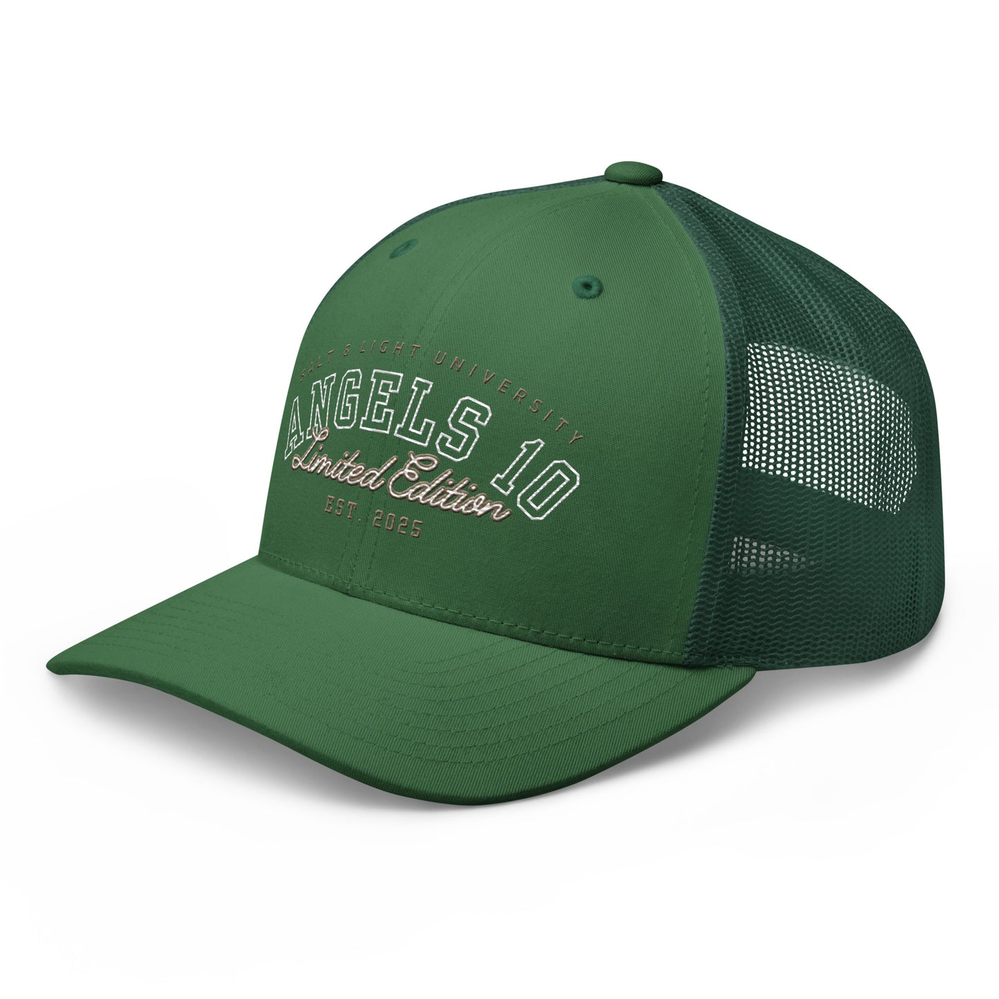 Salt & Light Unisex Trucker Cap in green color, showcasing Angels 10 Limited Edition design, perfect for expressing Christian faith and discipleship while at college or outdoor events, embodying the essence of being the salt & light of the world.