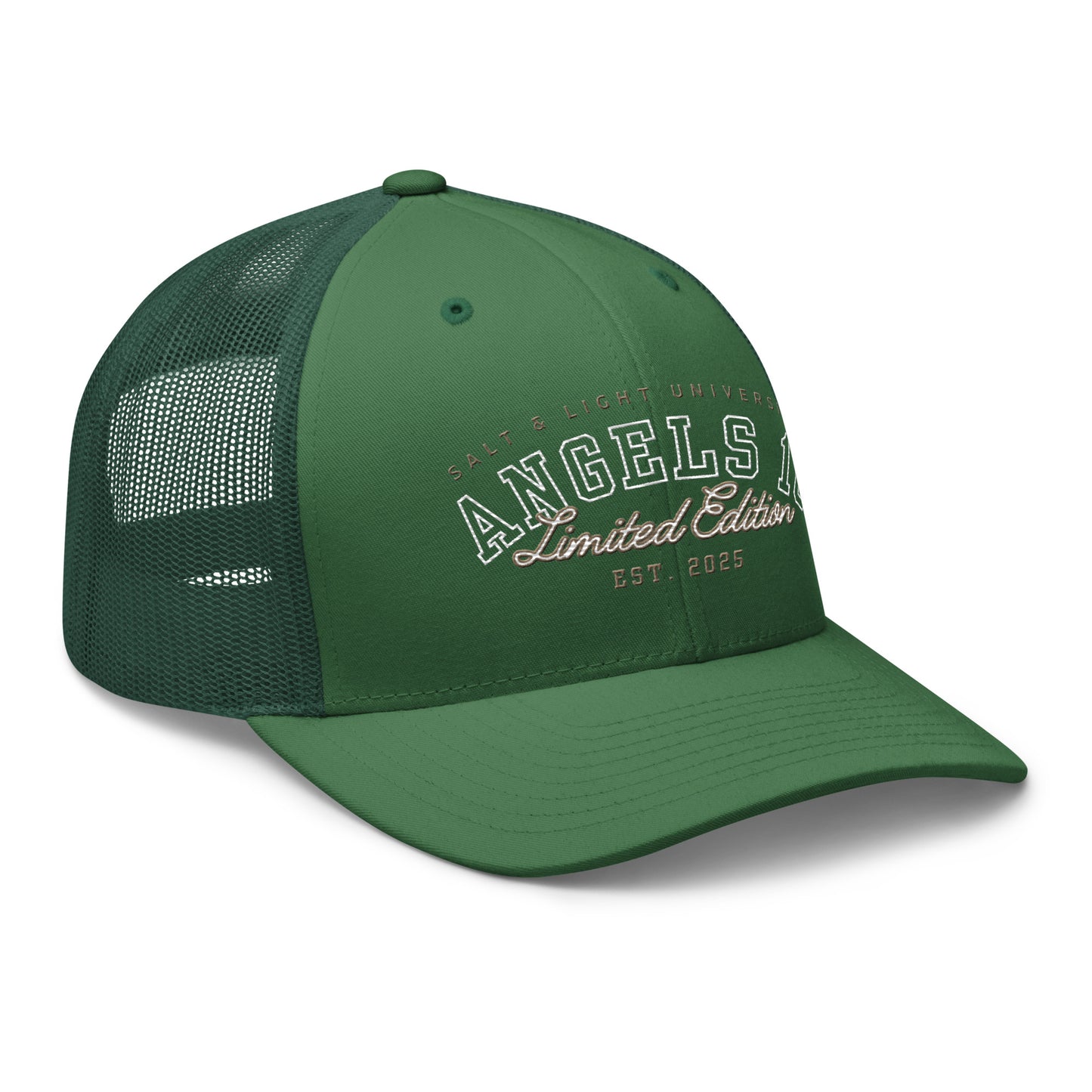 Green Salt & Light Unisex Trucker Cap featuring the Angels 10 Limited Edition logo, ideal for showcasing your Christian beliefs during college life and discipleship activities, representing the salt & light of the world.