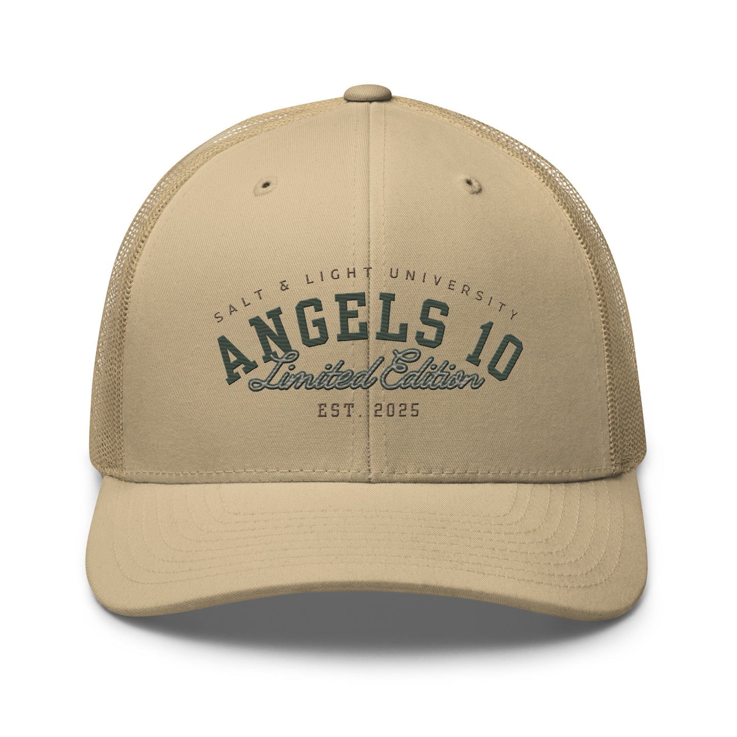 Salt & Light Unisex Trucker Cap featuring 'ANGELS 10 Limited Edition' for comfortable wear, perfect for college students expressing their Christian faith and discipleship, embodying the spirit of being the salt and light of the world.