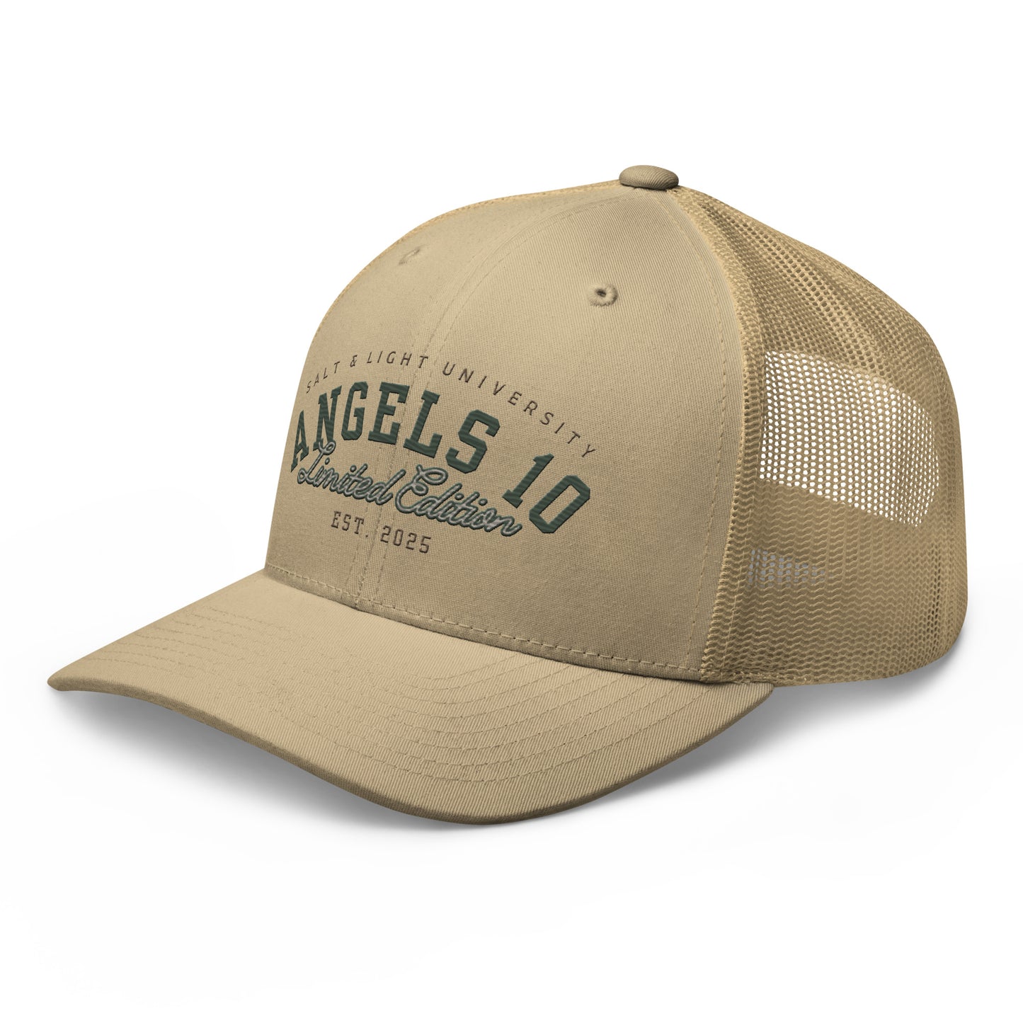 Side view of the Salt & Light Unisex Trucker Cap highlighting its mesh back design, ideal for anyone passionate about their Christian faith and discipleship, and perfect for college outings as a symbol of being the salt and light of the world.