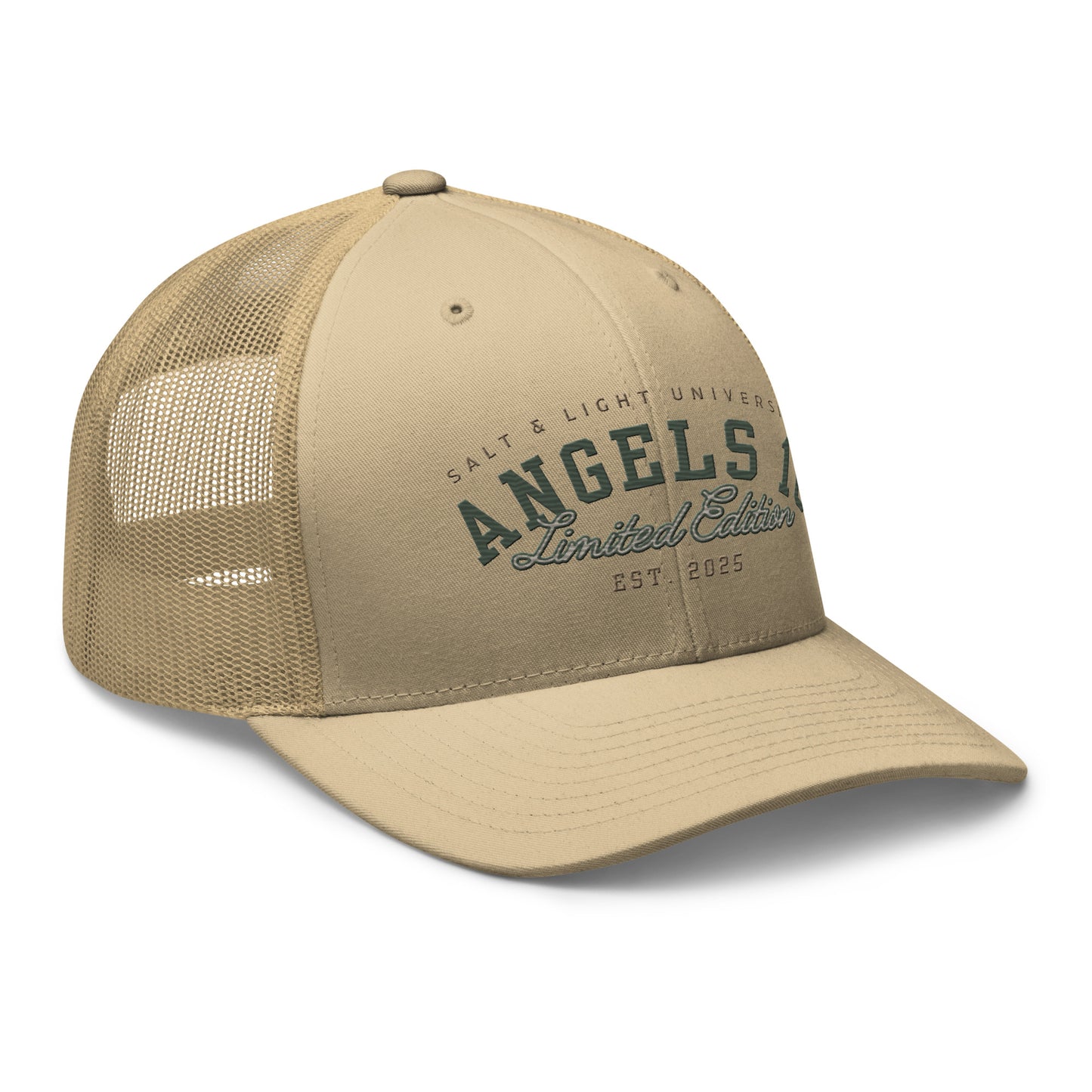 Salt & Light Unisex Trucker Cap in khaki, displaying 'ANGELS 10 Limited Edition Est. 2025' - a fashionable hat that embodies Christian values and discipleship, ideal for college students embracing their role as the salt & light of the world.