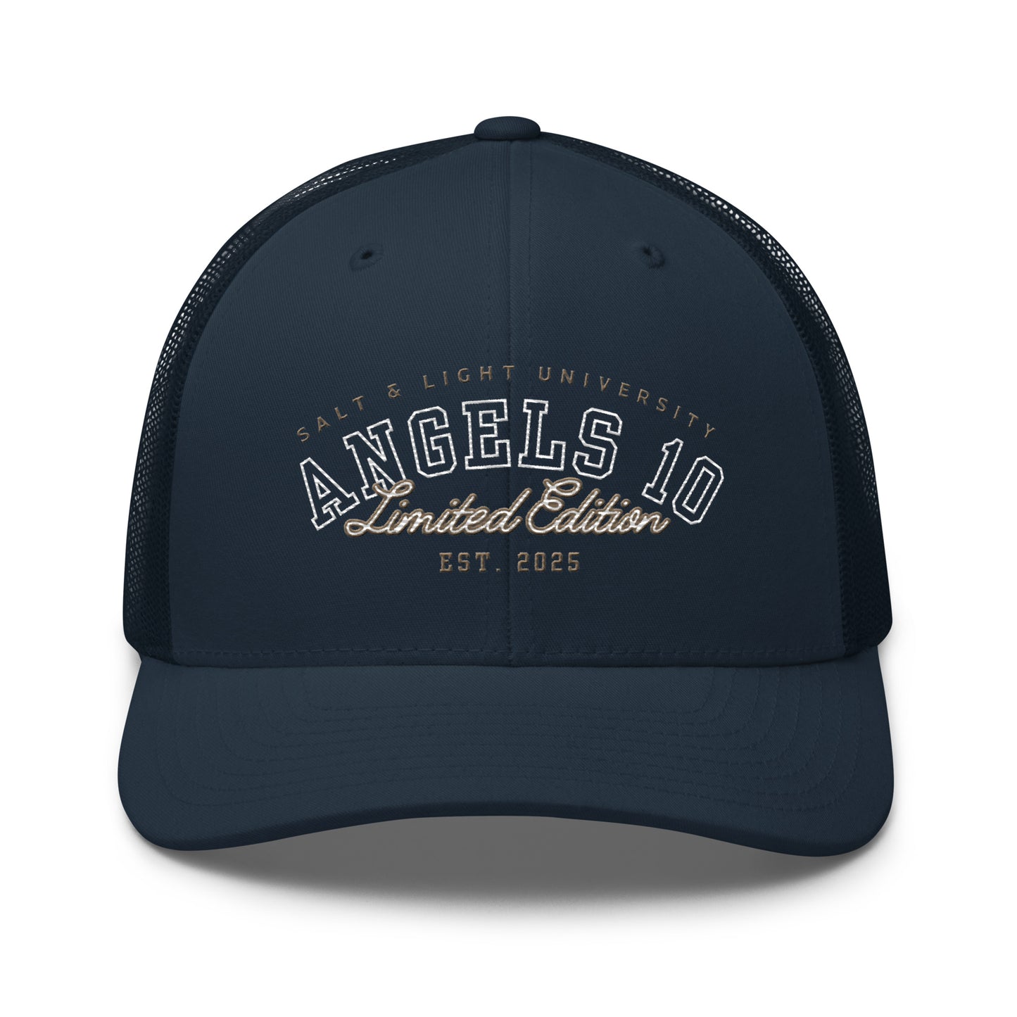 Navy Salt & Light Unisex Trucker Cap displaying a classic look, perfect for college students and discipleship activities while showcasing a commitment to Christian faith and the salt & light of the world.