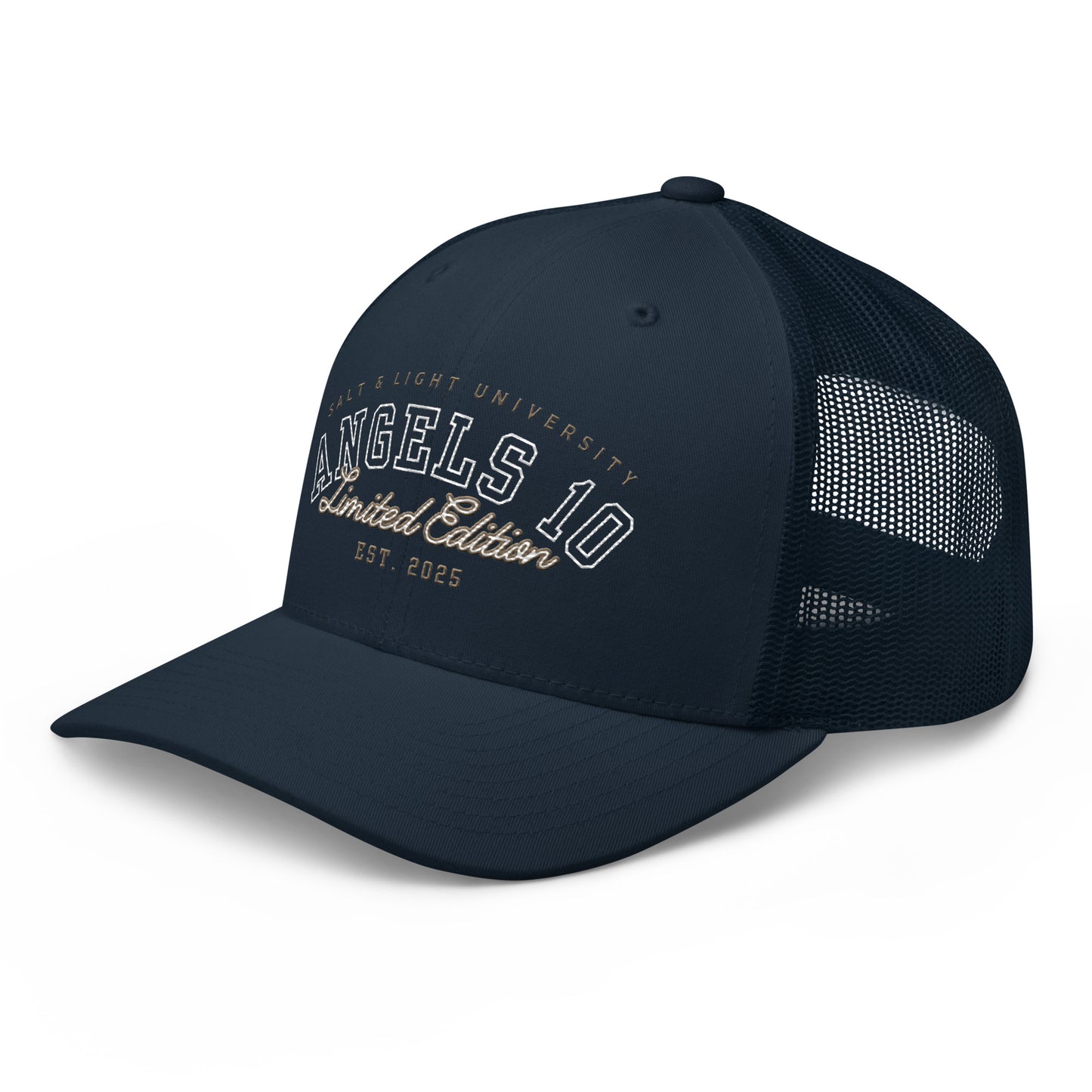 Navy Salt & Light Unisex Trucker Cap with breathable mesh back, ideal for outdoor events, expressing Christian faith in style, and perfect for college life and discipleship, capturing the essence of the salt & light of the world.