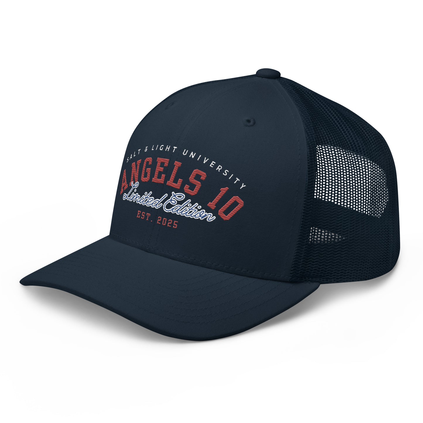 Side angle of the Salt & Light Limited Trucker Cap with 'ANGELS 10 Limited Edition', designed for college students who appreciate faith and discipleship, reminding them to be the 'salt & light of the world'.