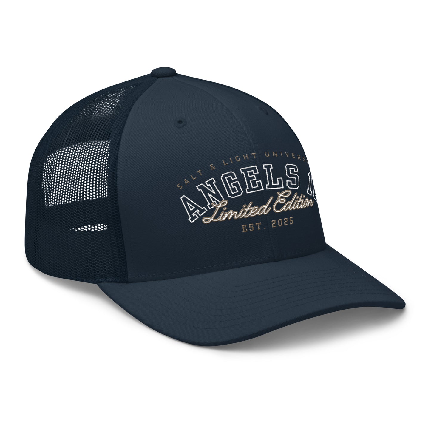 Salt & Light Unisex Trucker Cap showcasing an elegant design, perfect for expressing Christian faith, ideal for college life and discipleship, embodying the salt & light of the world.