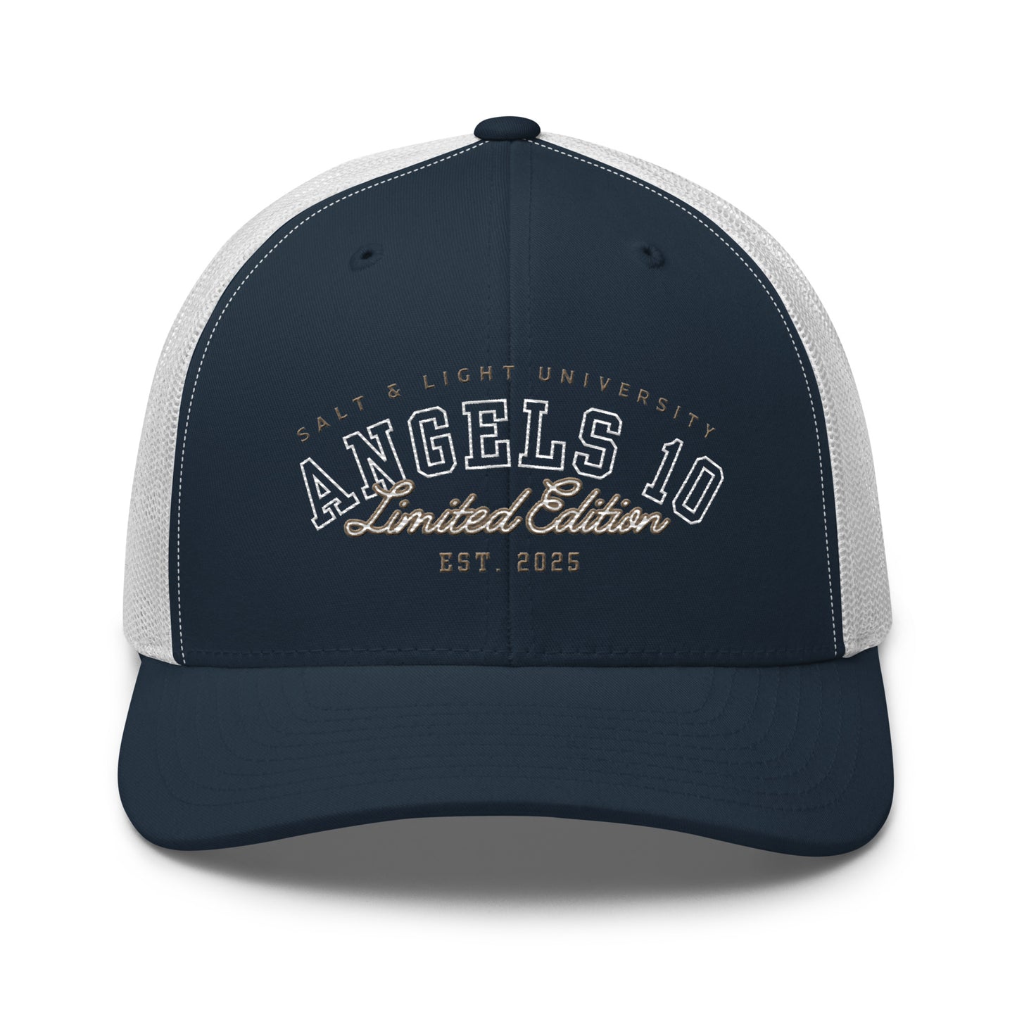 Front view of the Salt & Light Unisex Trucker Cap, emphasizing Christian beliefs and stylish design, great for college students involved in discipleship and sharing their faith as the salt & light of the world.