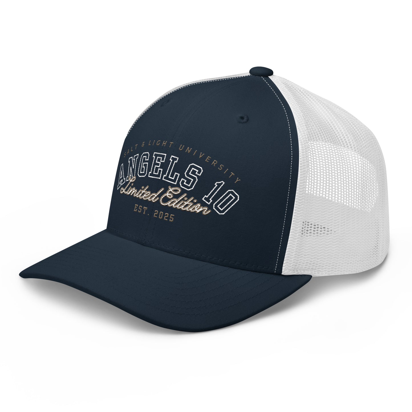 Side view of the Salt & Light Unisex Trucker Cap, blending premium quality with Christian inspiration, suitable for discipleship activities and representing the salt & light of the world for college life.