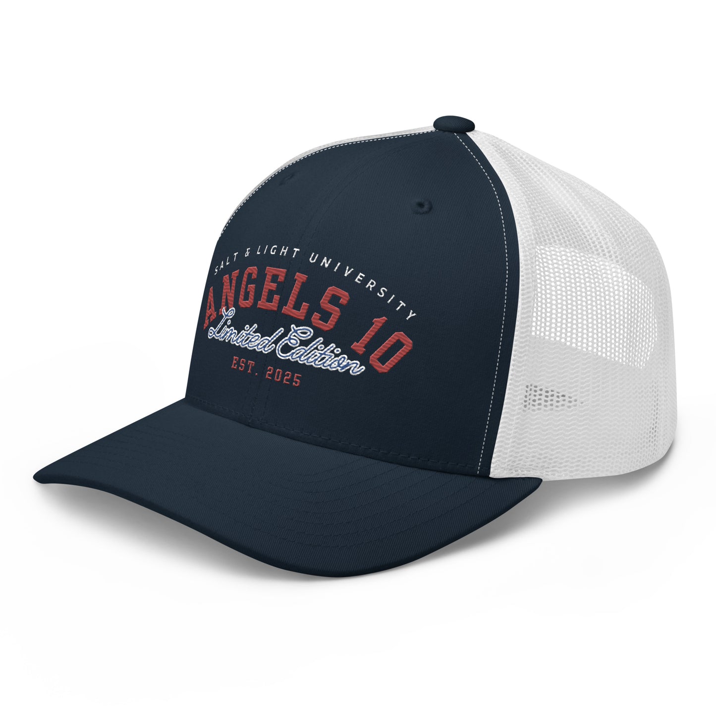 Side view of the two-tone Salt & Light Limited Trucker Cap, featuring 'ANGELS 10 Limited Edition', ideal for college students wishing to showcase their faith and discipleship journey as the 'salt & light of the world'.