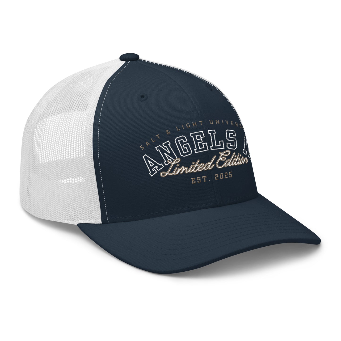 Another angle of the Salt & Light Unisex Trucker Cap, featuring a breathable mesh back, ideal for outdoor events, and a perfect accessory for expressing faith and college lifestyle as the salt & light of the world.