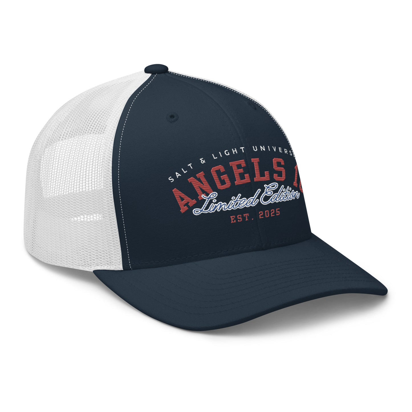 Salt & Light Limited Trucker Cap for College Students - A stylish mesh hat featuring a navy front, white mesh back, and 'ANGELS 10 Limited Edition' embroidery, perfect for showcasing your faith and commitment to discipleship as you live out the message of being the salt and light of the world during your college journey.