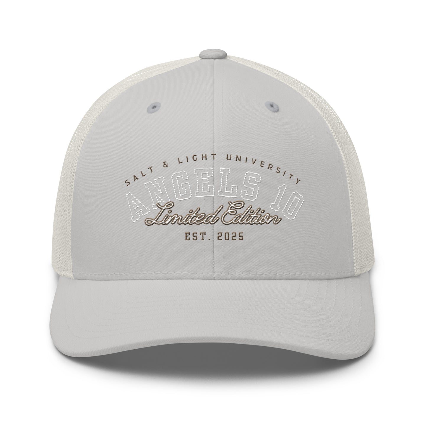 Light grey Salt & Light Unisex Trucker Cap with a structured design, perfect for college students wanting to express their Christian faith and engage in discipleship while embodying the salt & light of the world.