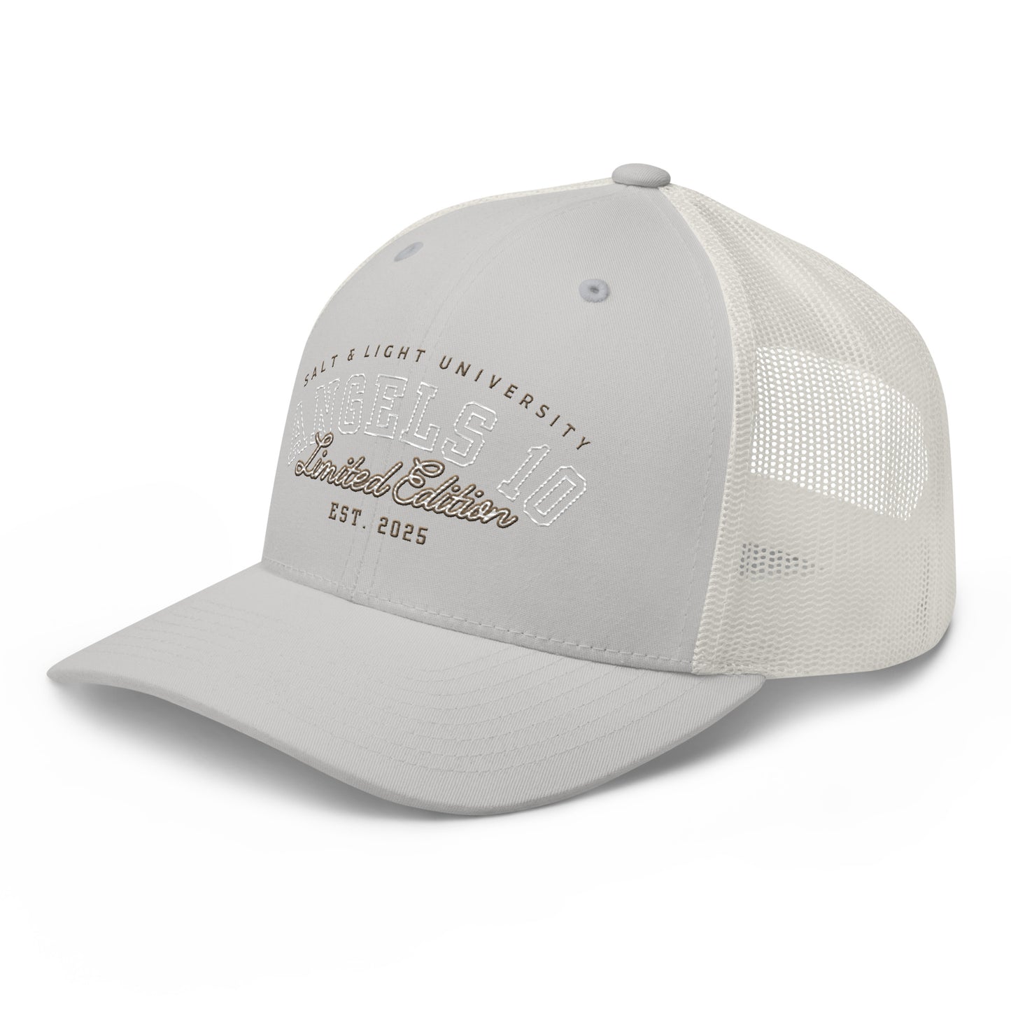 Light grey Salt & Light Unisex Trucker Cap highlighting Angels 10 Limited Edition, a stylish accessory for discipleship and college life, representing the core message of being the salt & light of the world.