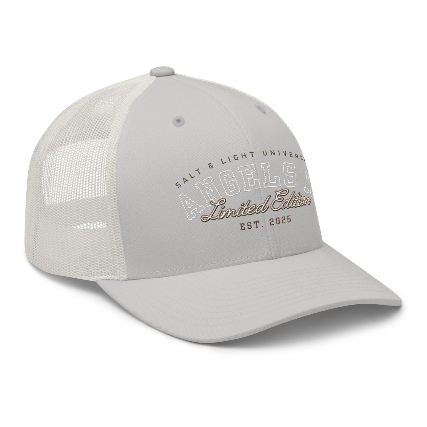 Stylish grey Salt & Light Unisex Trucker Cap designed with the Angels 10 Limited Edition logo, ideal for college activities and expressing Christian faith during discipleship, capturing the essence of being the salt & light of the world.