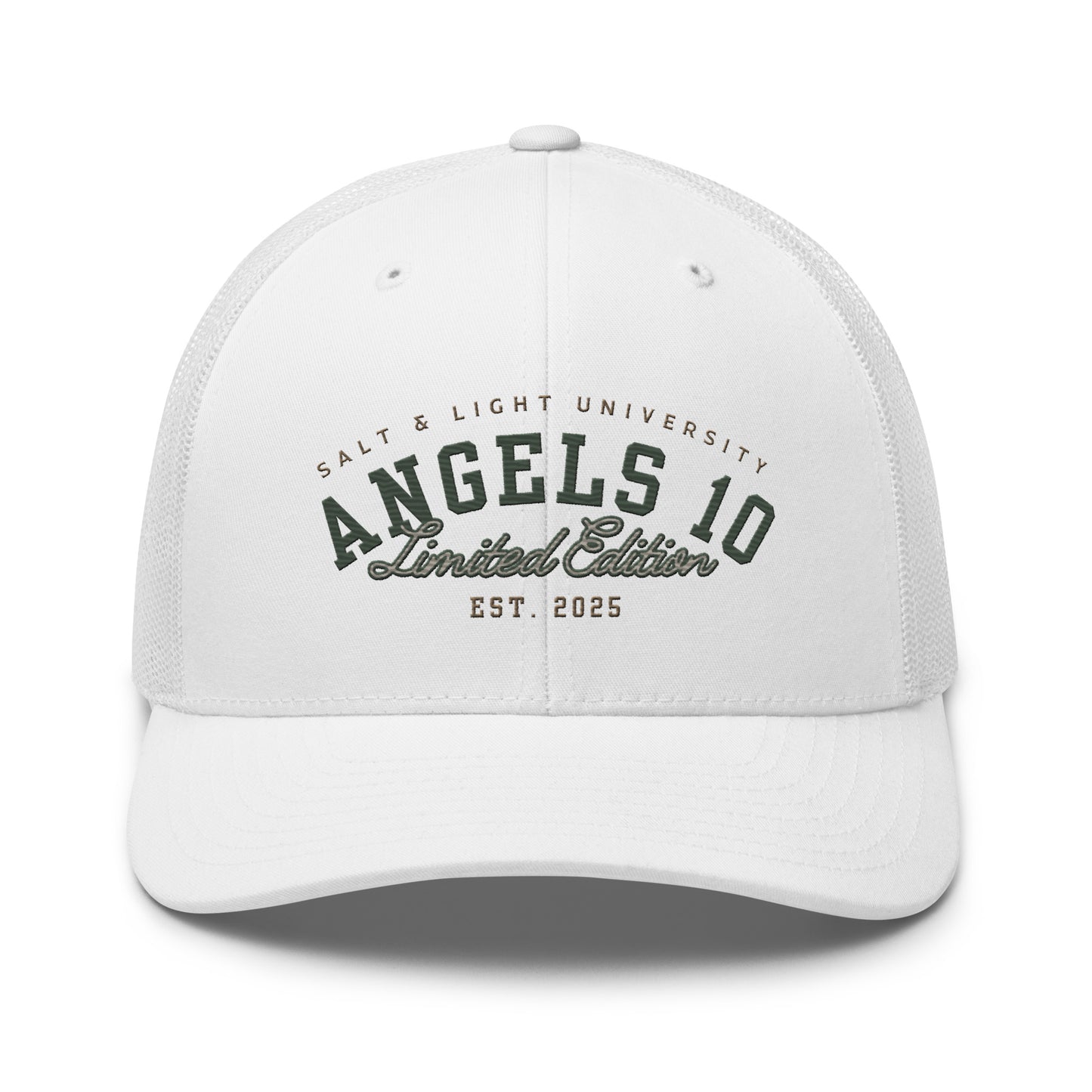 Front view of Salt & Light Unisex Trucker Cap in white, featuring the text 'ANGELS 10 Limited Edition Est. 2025' - a trendy accessory for expressing Christian faith and discipleship while standing out in college as the salt & light of the world.