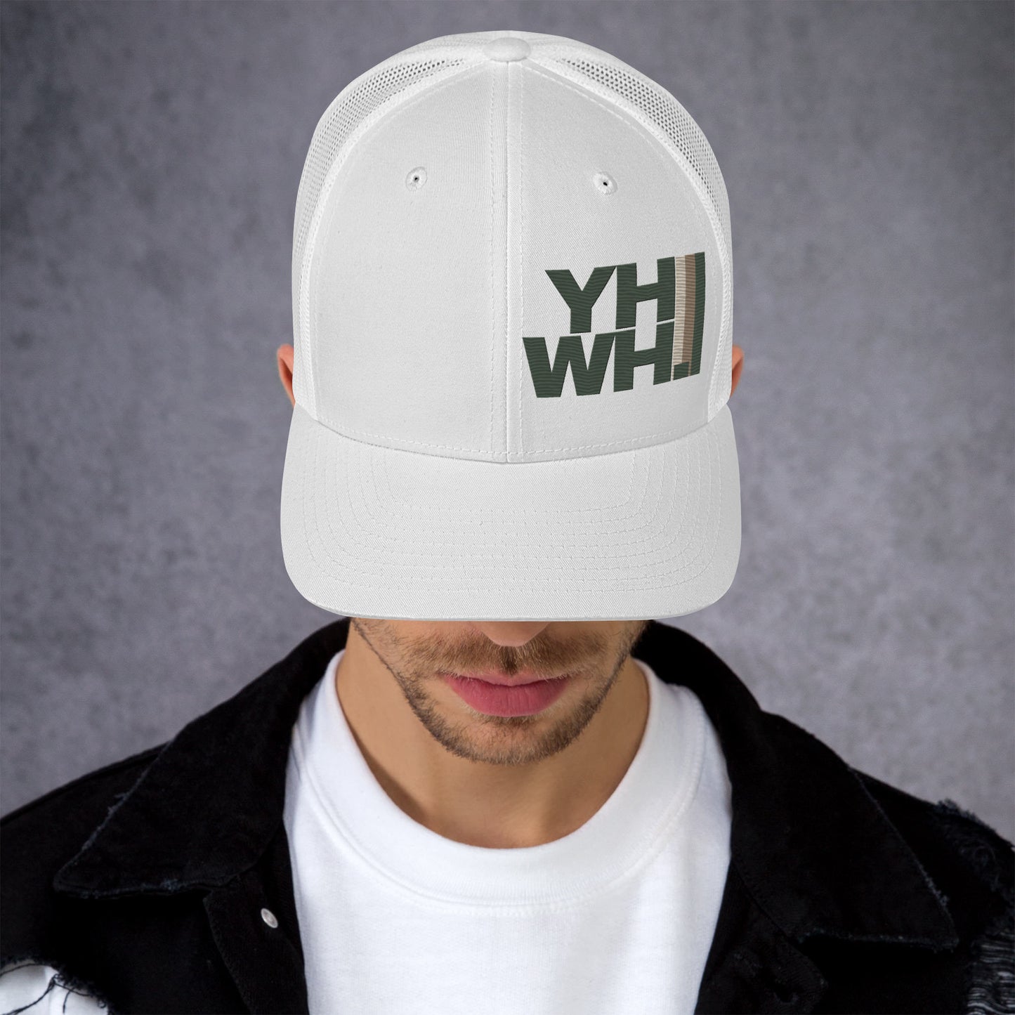 YHWH Collection Unisex Trucker Cap in white featuring a stylish embroidered logo, promoting Christian faith and style through this veteran owned small business.