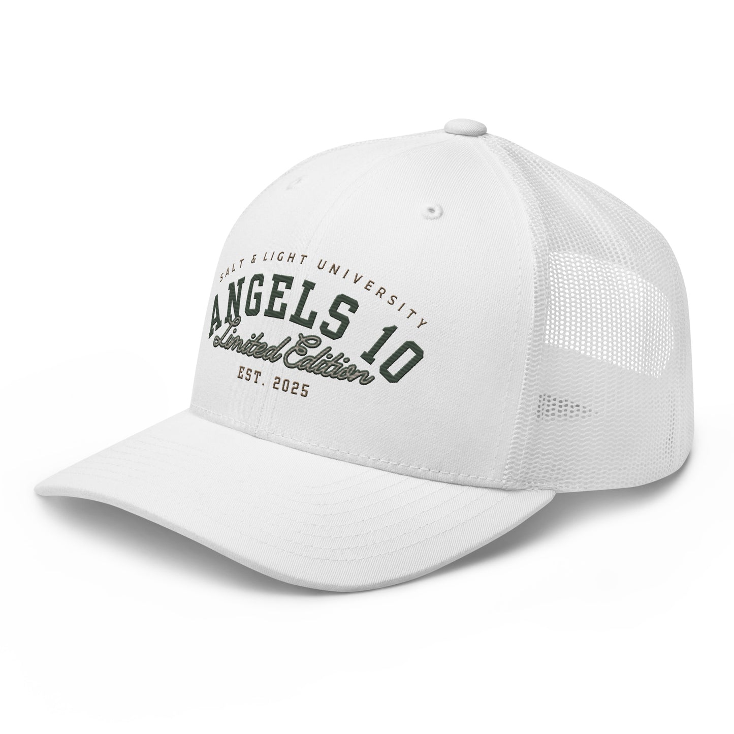 Side angle of Salt & Light Unisex Trucker Cap in white, highlighting 'ANGELS 10 Limited Edition Est. 2025' - a unique trucker hat designed for those sharing their Christian faith and discipleship during college, shining bright as the salt & light of the world.
