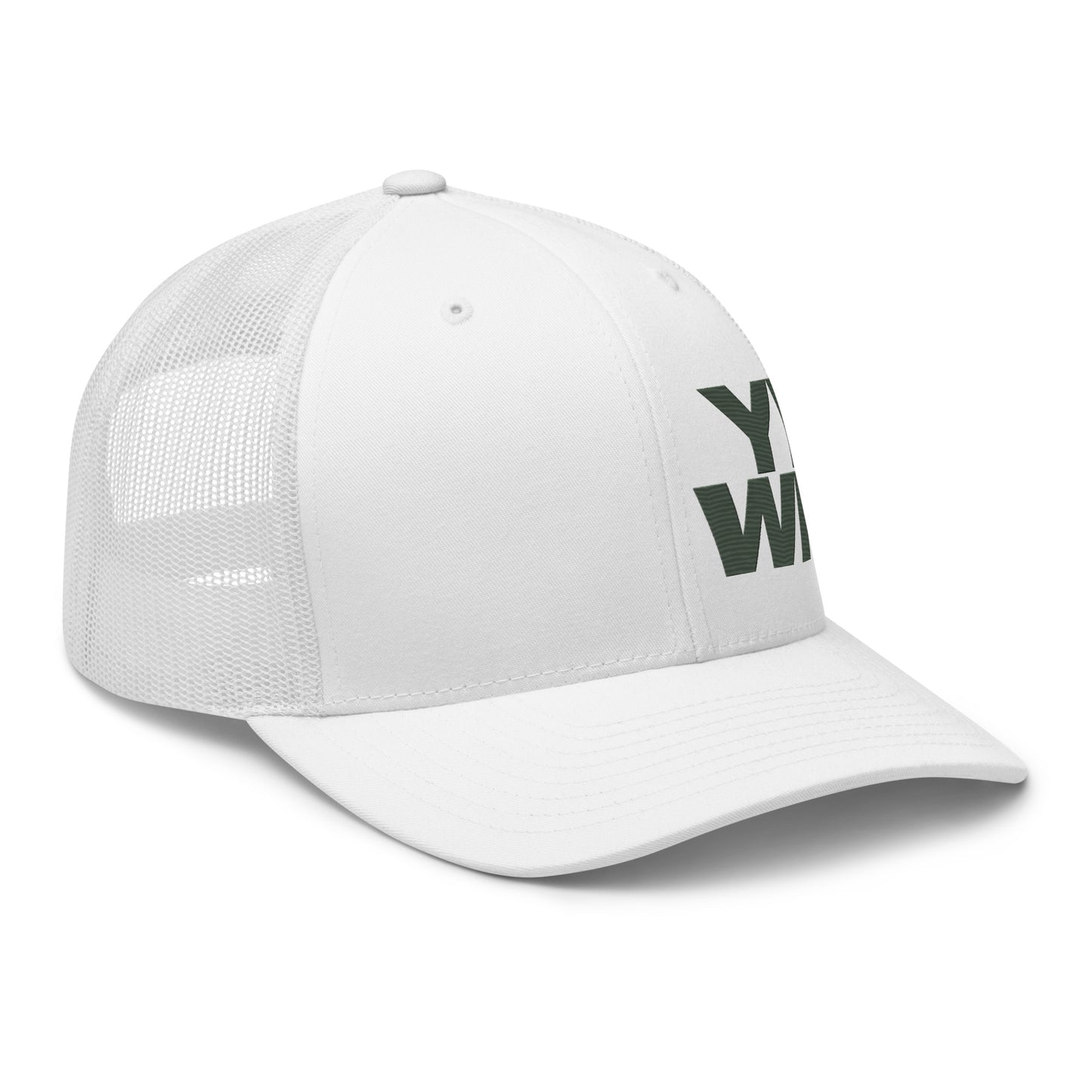Detailed view of the YHWH Collection Unisex Trucker Cap in white, emphasizing its unique YHWH logo and adjustable fit. This cap is a trendy accessory for anyone passionate about faith, supporting small businesses and veteran-owned brands.