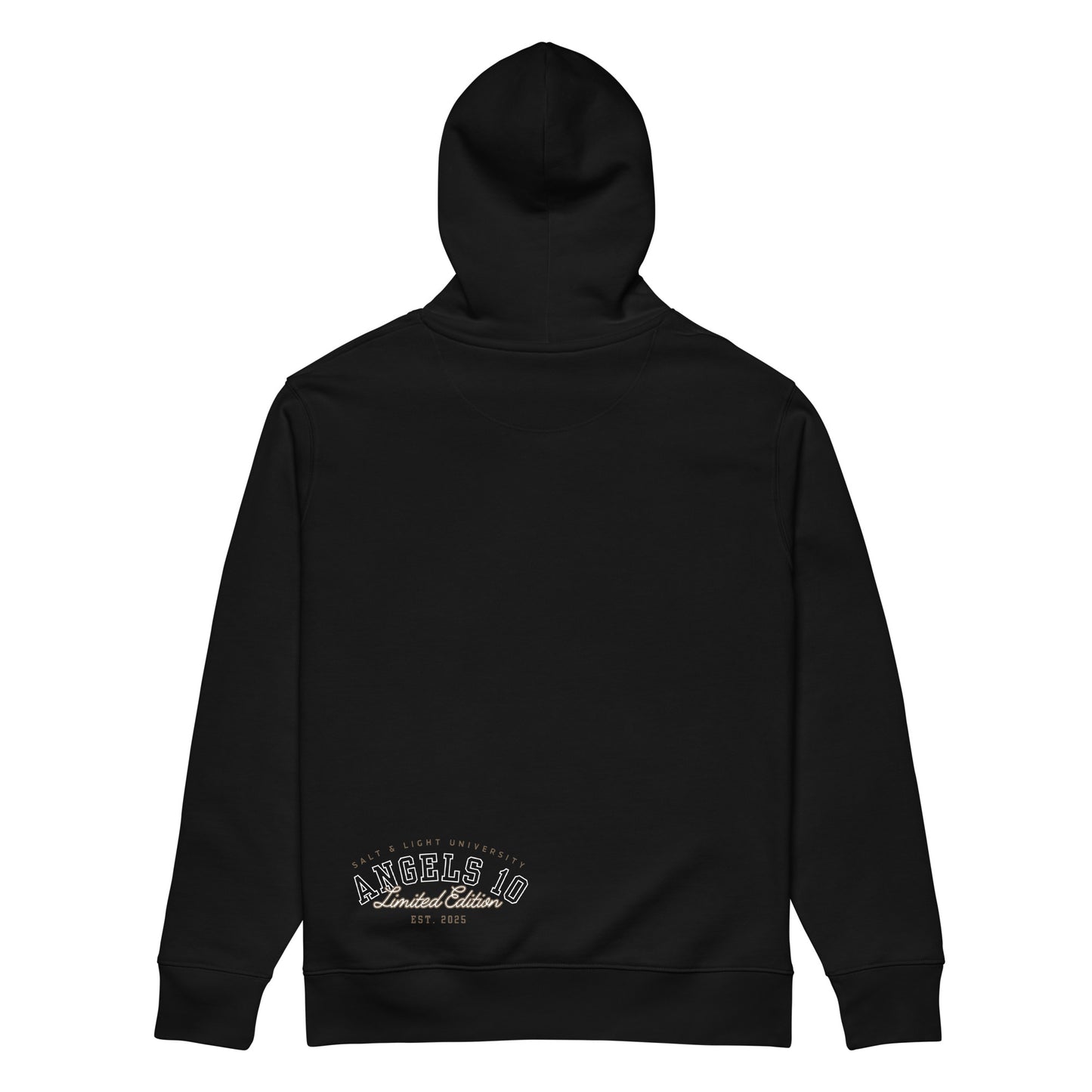 Back view of the Christian Salt & Light Unisex Essential Organic Hoodie in black, featuring 'Angels 10' branding. A sustainable choice that reflects your dedication to faith and being a part of the salt & light of the world, great for college wear.