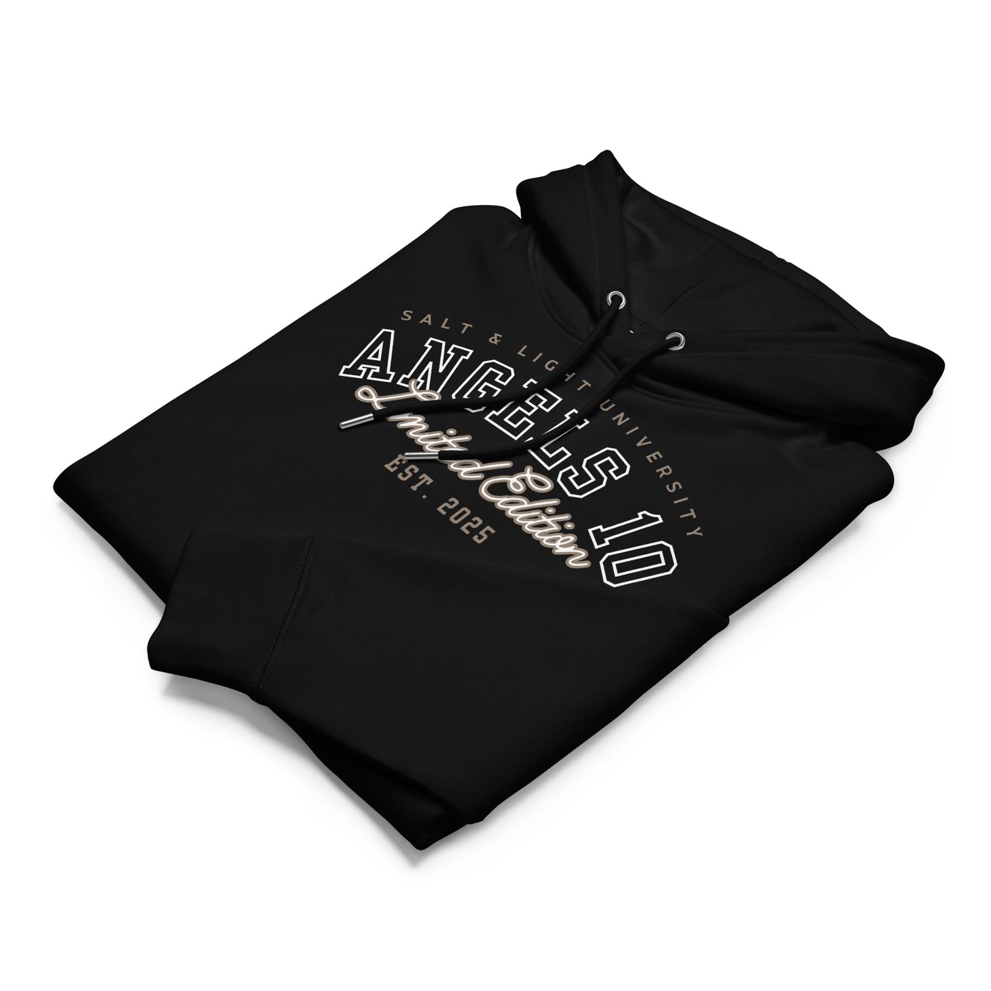 Christian Salt & Light Unisex Essential Organic Hoodie displayed in a folded position, featuring a stylish black design with 'Angels 10' branding. Perfect for showcasing your faith and commitment to discipleship while being eco-friendly. Ideal for college students.