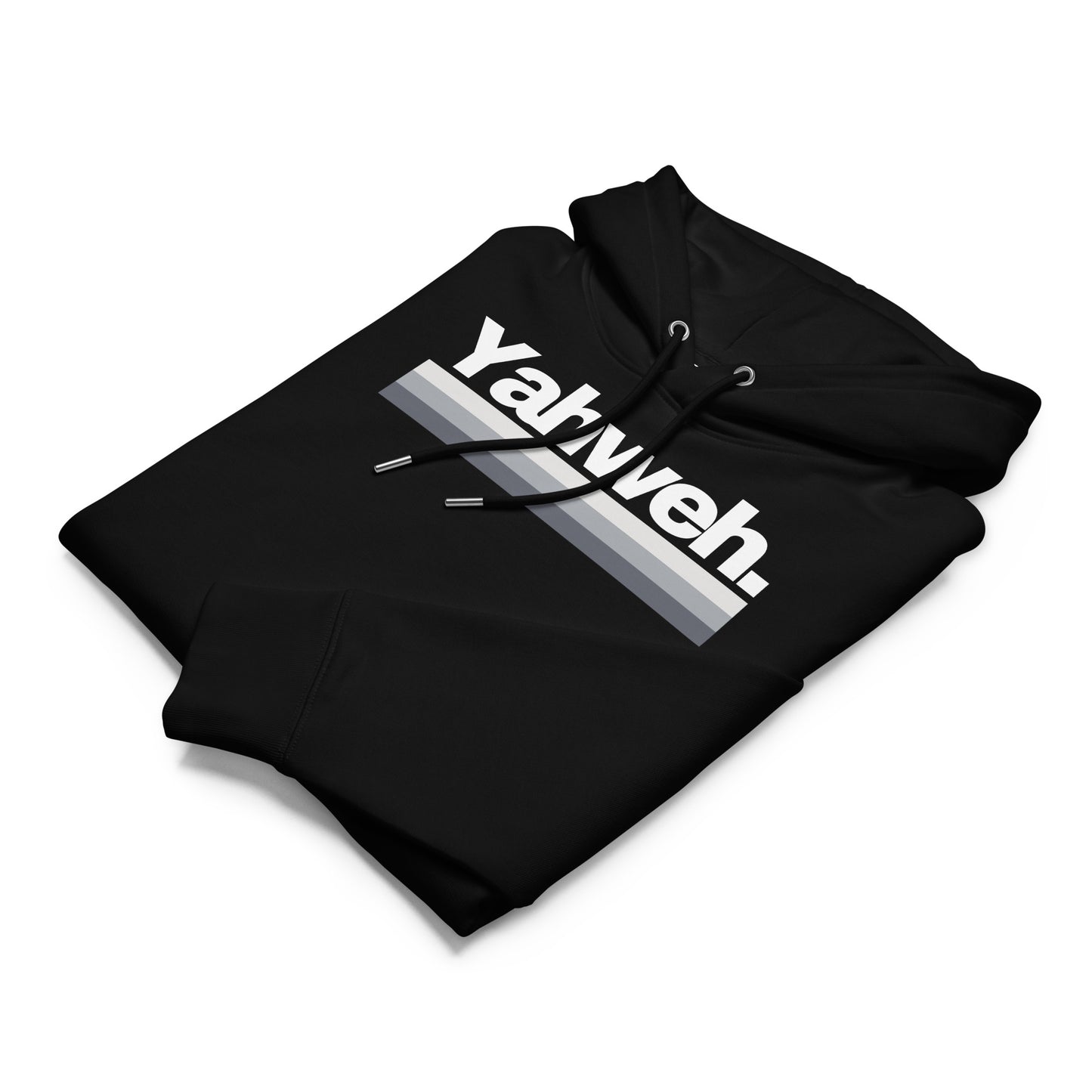 Folded YHWH Oversized Unisex Hoodie in black with 'Yahweh' print, emphasizing comfort and style. Perfect for expressing your faith while supporting a veteran-owned small business and embracing trendy streetwear.
