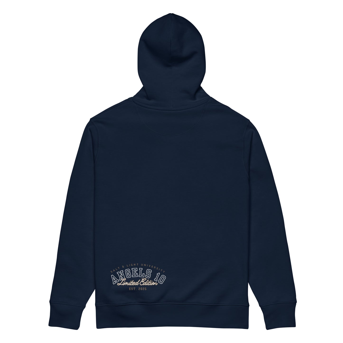 Back of the navy Christian Salt & Light Unisex Essential Organic Hoodie featuring 'Angels 10' branding. A statement piece that embodies your commitment to faith and discipleship, ideal for college life and spreading positivity.