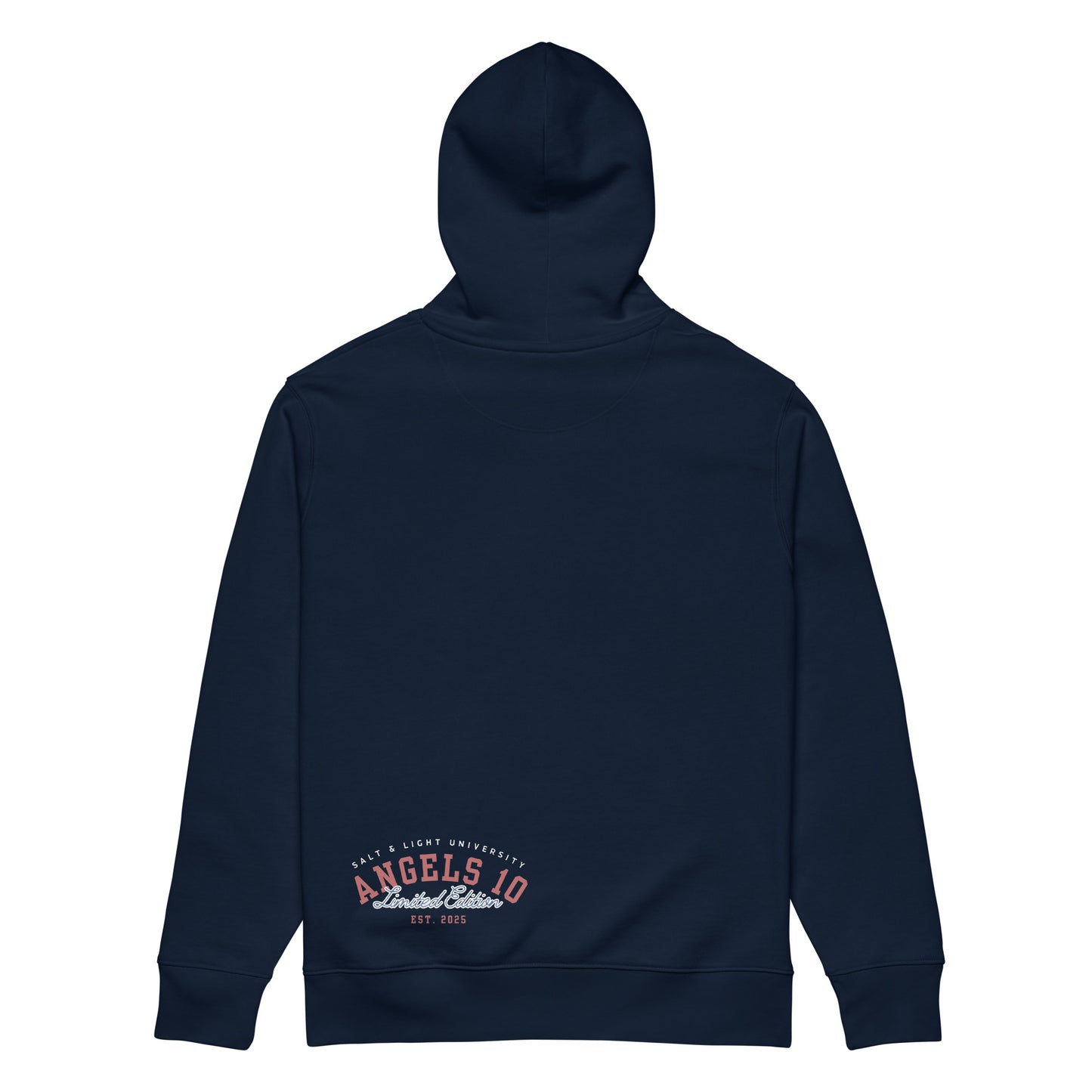 Back view of the Salt & Light Unisex Organic Hoodie showcasing 'ANGELS 10' graphics. Wear this eco-friendly hoodie to express your faith and values while engaging in college discipleship as the salt & light of the world.