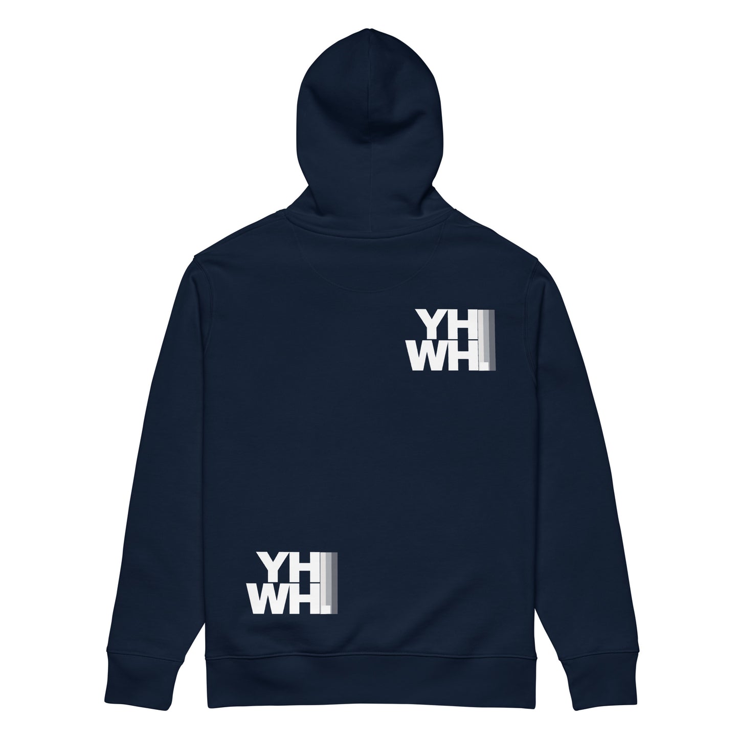 Back view of YHWH Oversized Unisex Hoodie in navy displaying stylish YHWH graphics. Perfect for showcasing your faith while supporting a veteran-owned small business.
