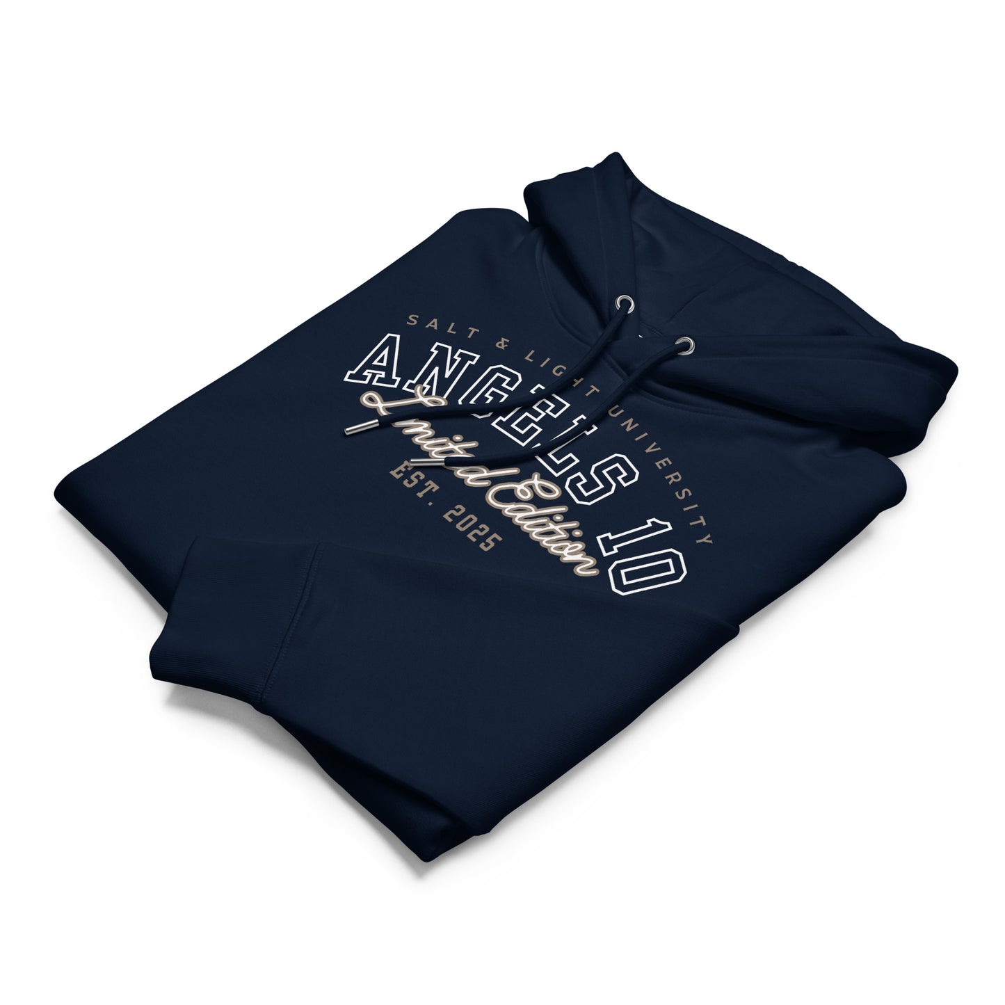 Folded navy Christian Salt & Light Unisex Essential Organic Hoodie with 'Angels 10' branding. An eco-friendly choice that represents your faith and style while connecting with the salt & light of the world for collegiate settings.