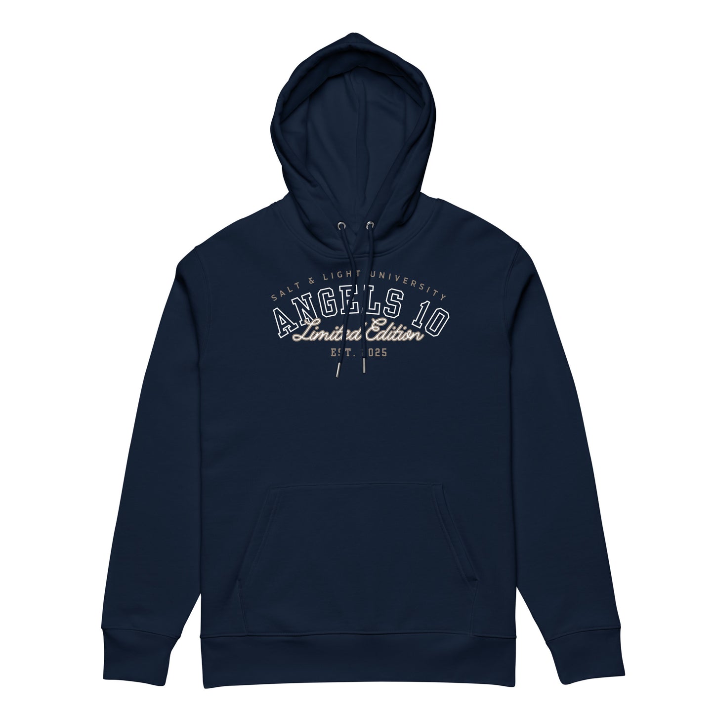 Christian Salt & Light Unisex Essential Organic Hoodie shown in navy color, showcasing 'Angels 10' branding at the front. A comfortable hoodie that symbolizes your faith and inspires others, perfect for college students who believe in discipleship.