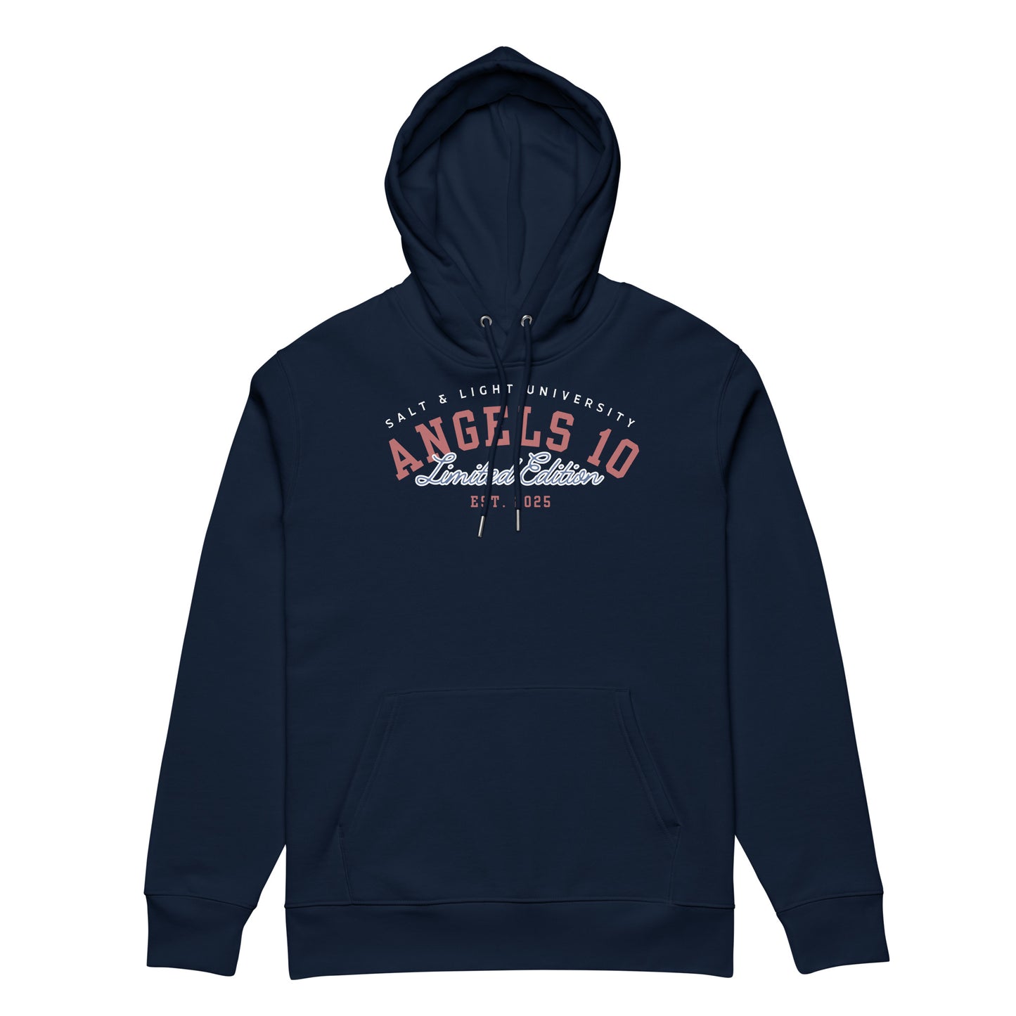 Salt & Light Unisex Organic Hoodie featuring 'ANGELS 10' design, perfect for college discipleship. Showcase your faith and style as you embody the salt & light of the world. Ideal for Christian students.