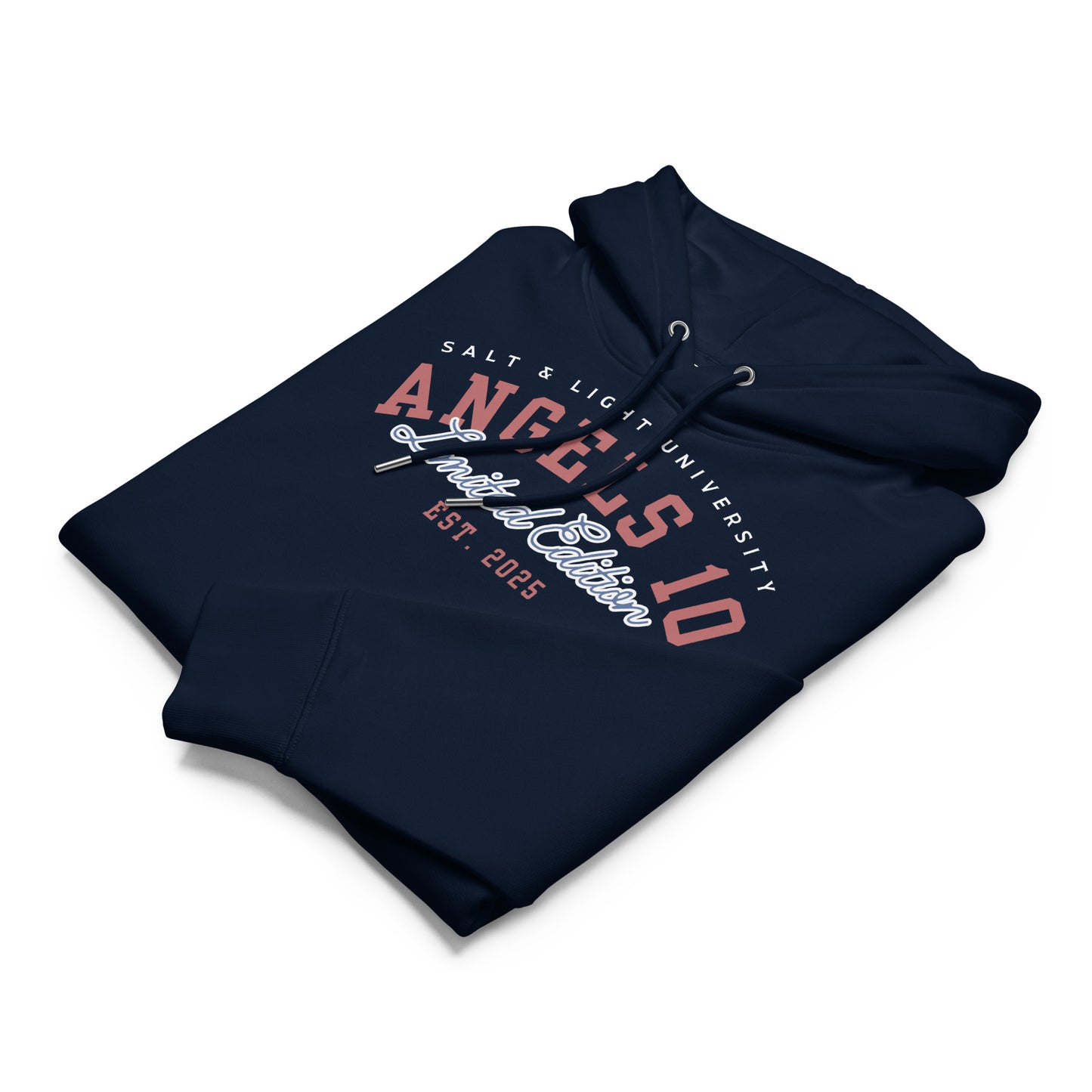 Folded Salt & Light Unisex Organic Hoodie with 'ANGELS 10' logo, blending comfort and purpose. A great choice for college discipleship, reflecting your Christian faith and the salt & light of the world.