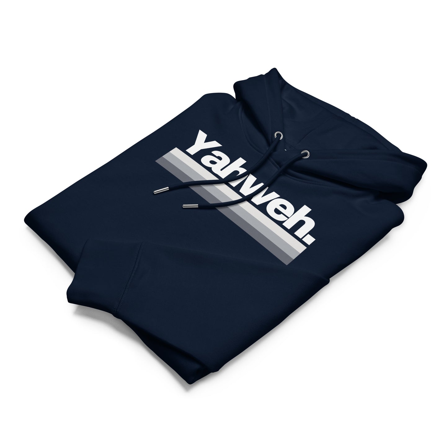 YHWH Oversized Unisex Hoodie in navy featuring bold Yahweh graphic, perfect for stylish expression of faith. A standout piece from a veteran-owned small business that supports Christian beliefs.