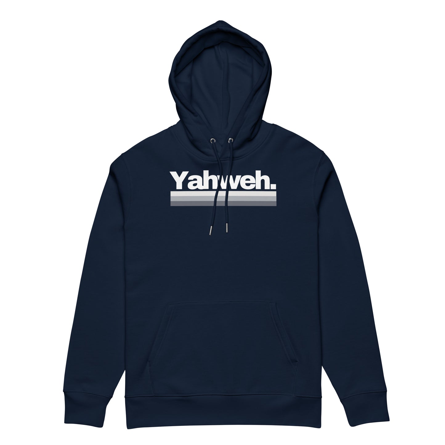 Front view of YHWH Oversized Unisex Hoodie in navy featuring Yahweh design. This hoodie reflects faith-inspired style and is made by a veteran-owned small business that supports Christian values.